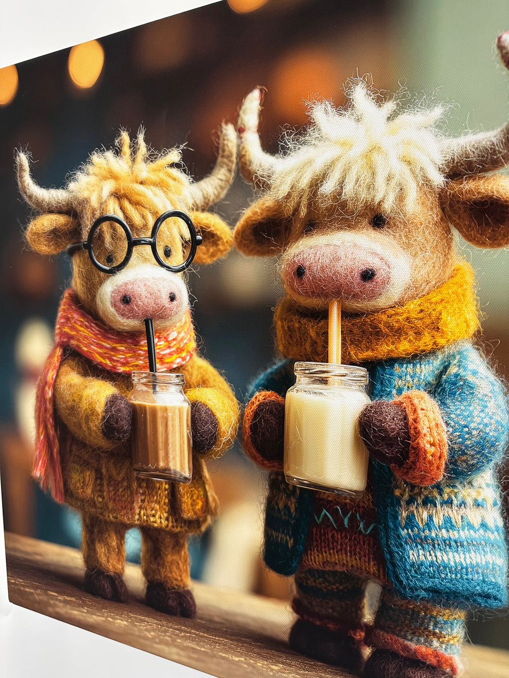 Two plush toys resembling a lion and a bear with glasses, sitting on a wooden surface.