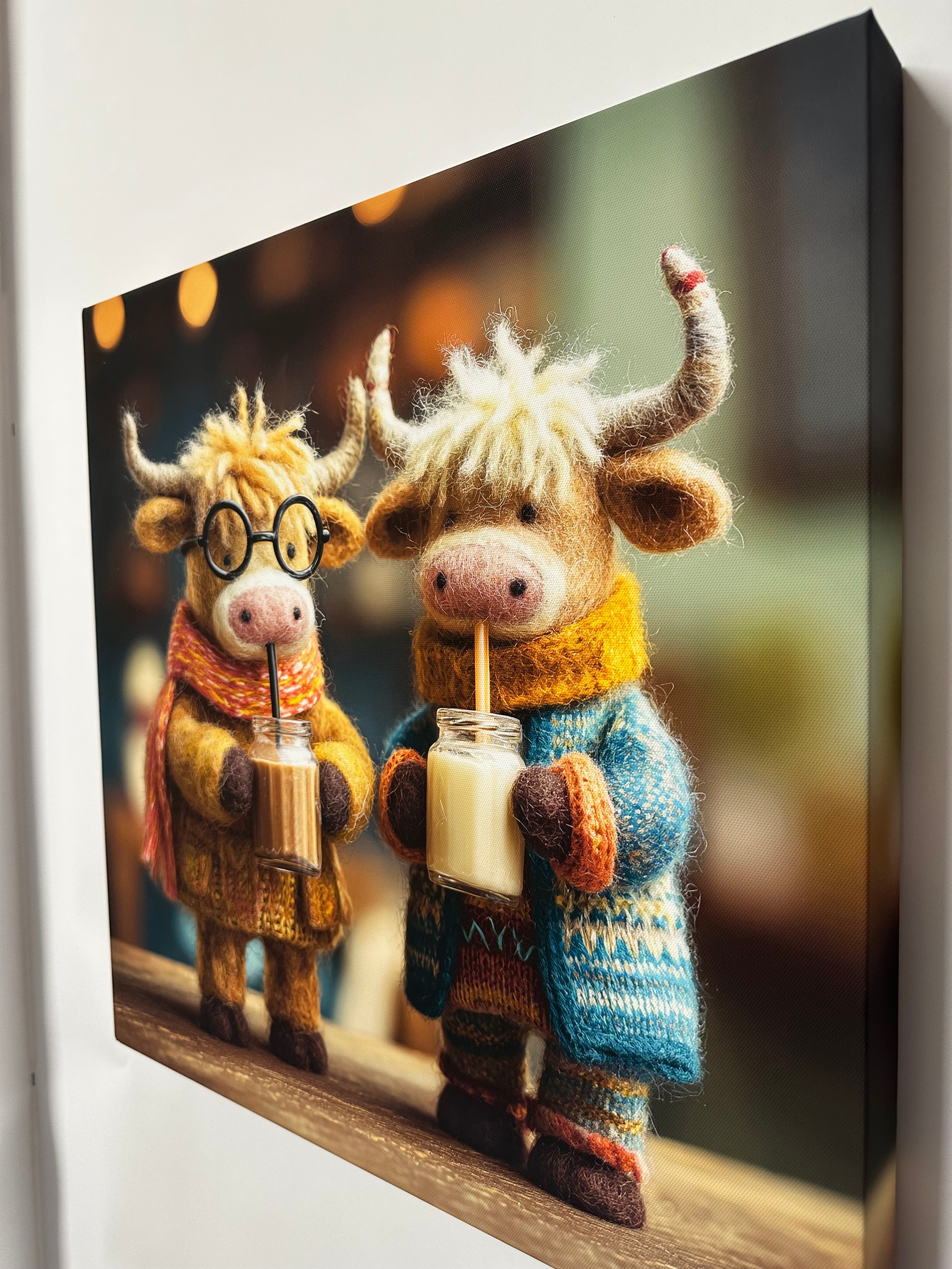 Two plush toys, one resembling a cow and the other a donkey, sitting together on a wooden surface.