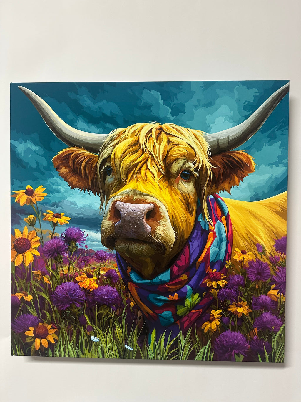 Painting of a highland cow with colorful scarf and flowers