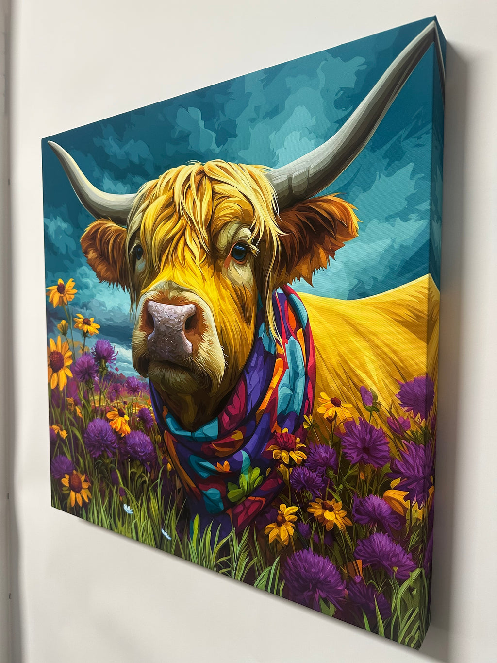 Canvas print of a colorful cow surrounded by flowers on a white surface