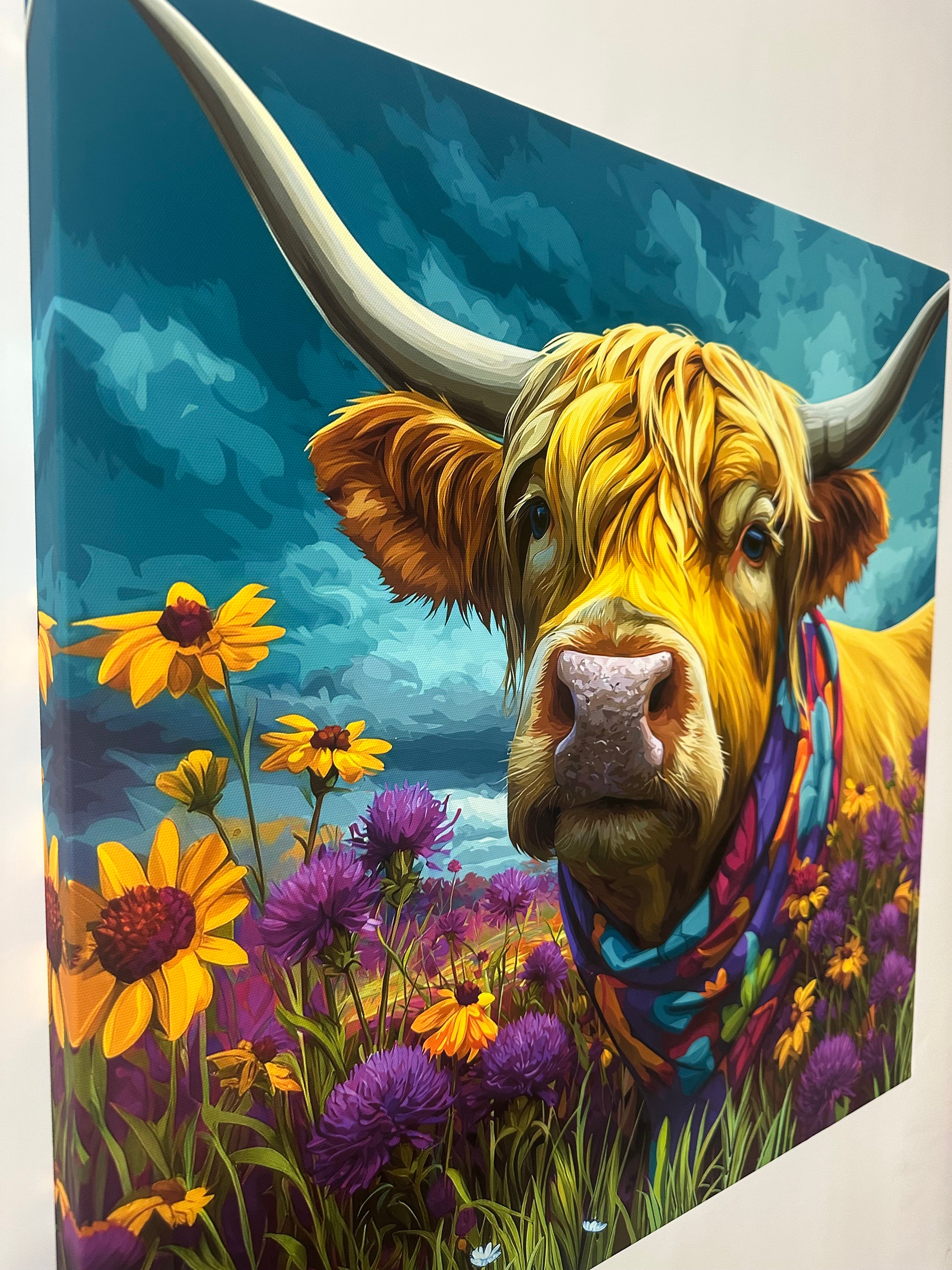 Colorful painting of a cow's head with flowers on a blue background