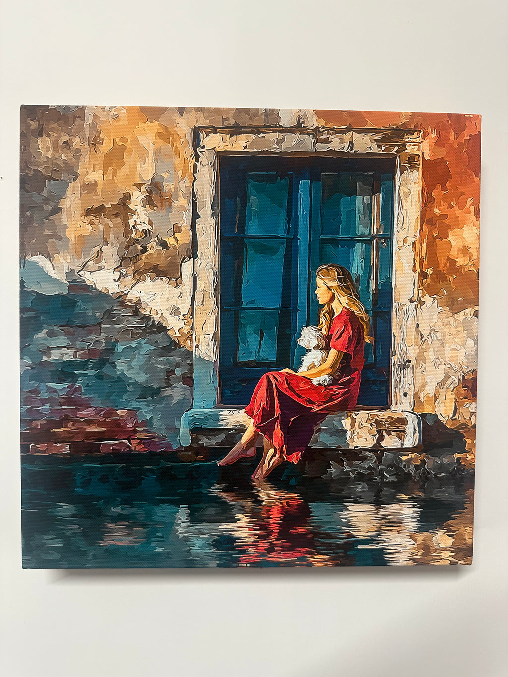 Artistic depiction of a figure in a red robe standing in front of a blue door with a textured background.