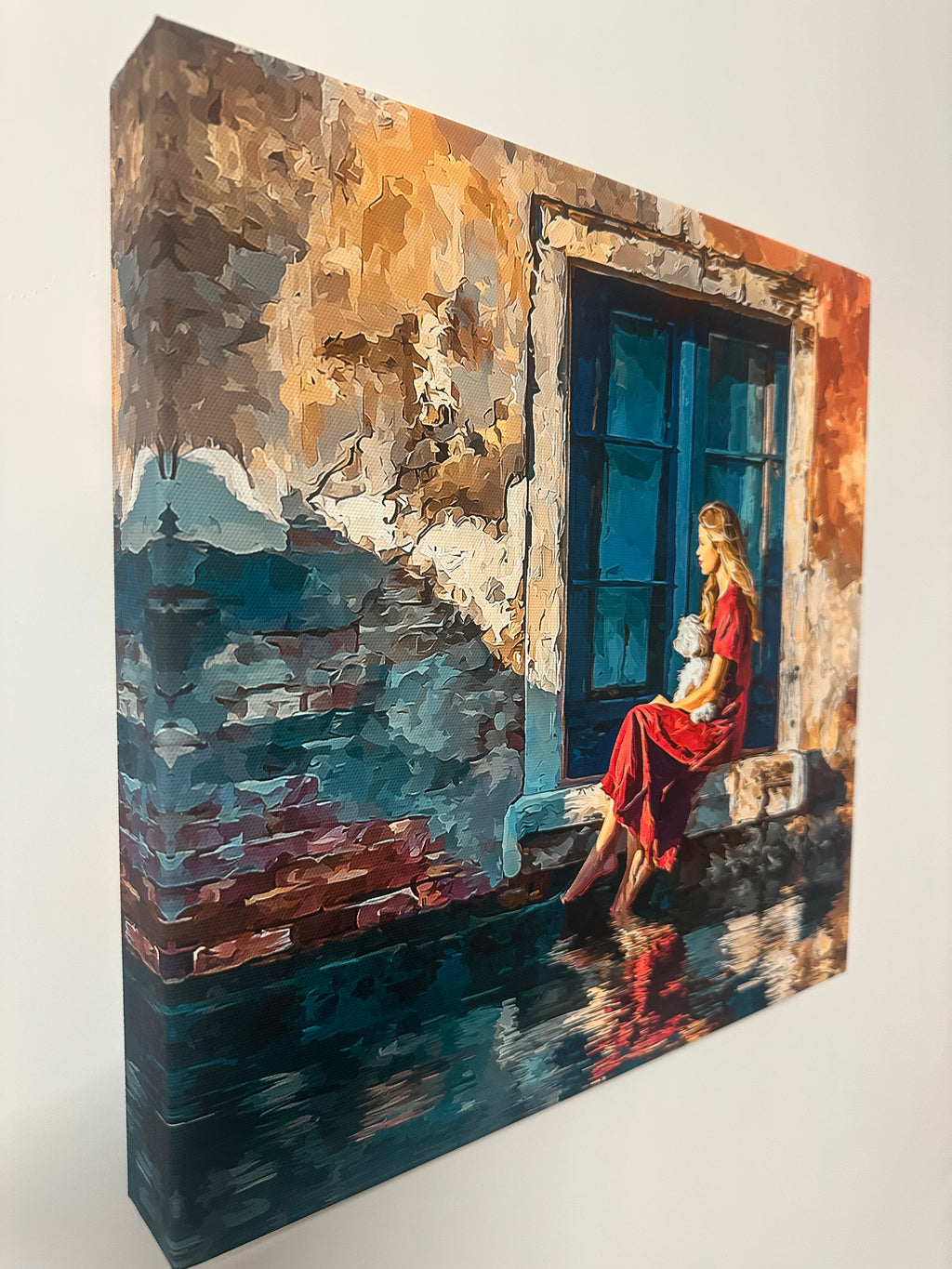 Abstract painting of a person by a window with a textured background