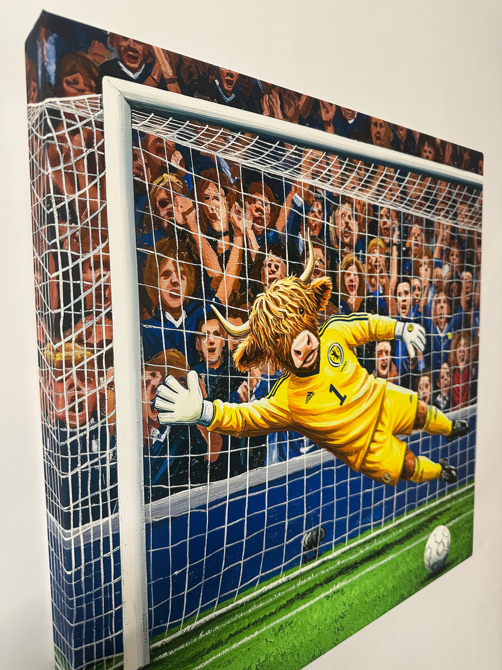 Stylized illustration of a goalkeeper diving for a ball on a soccer field