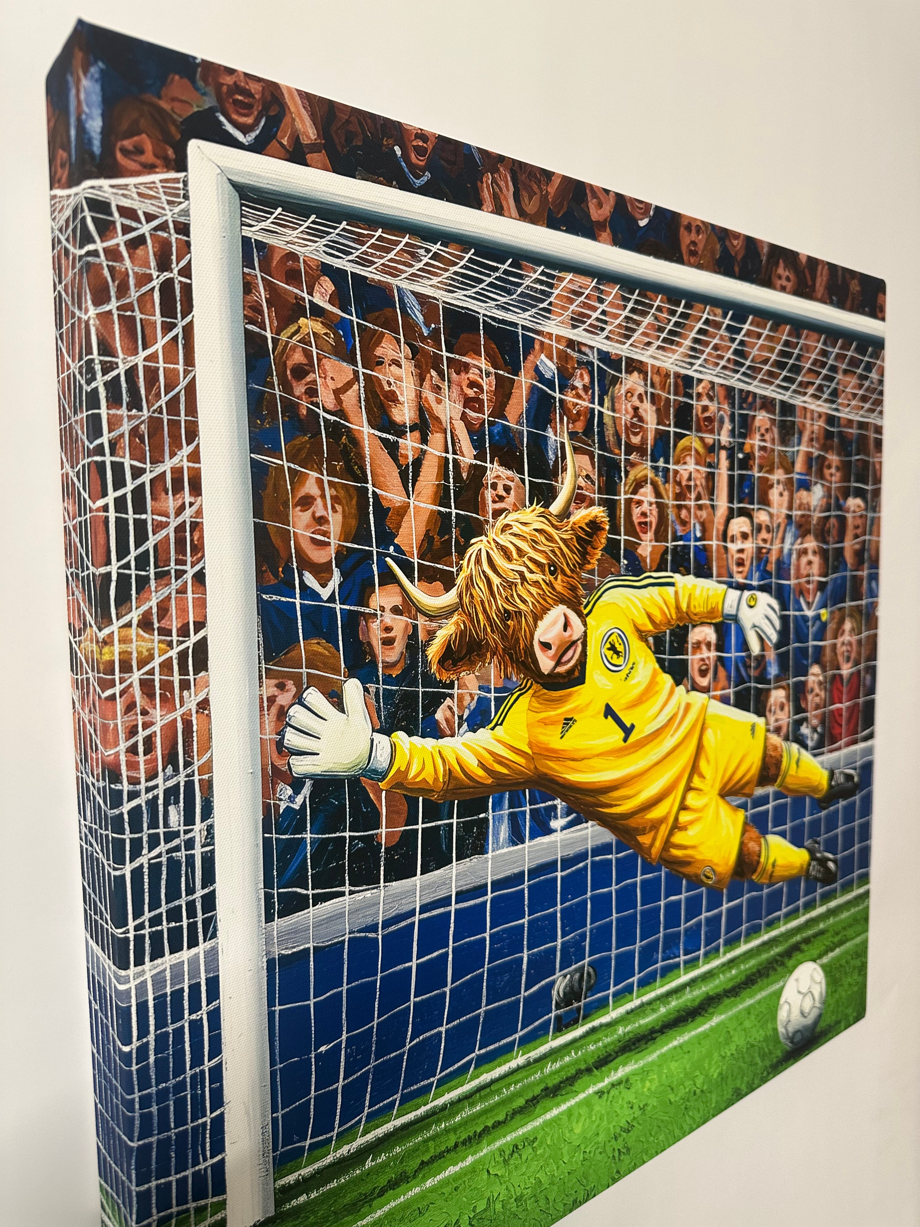 Stylized illustration of a goalkeeper diving for a ball on a soccer field
