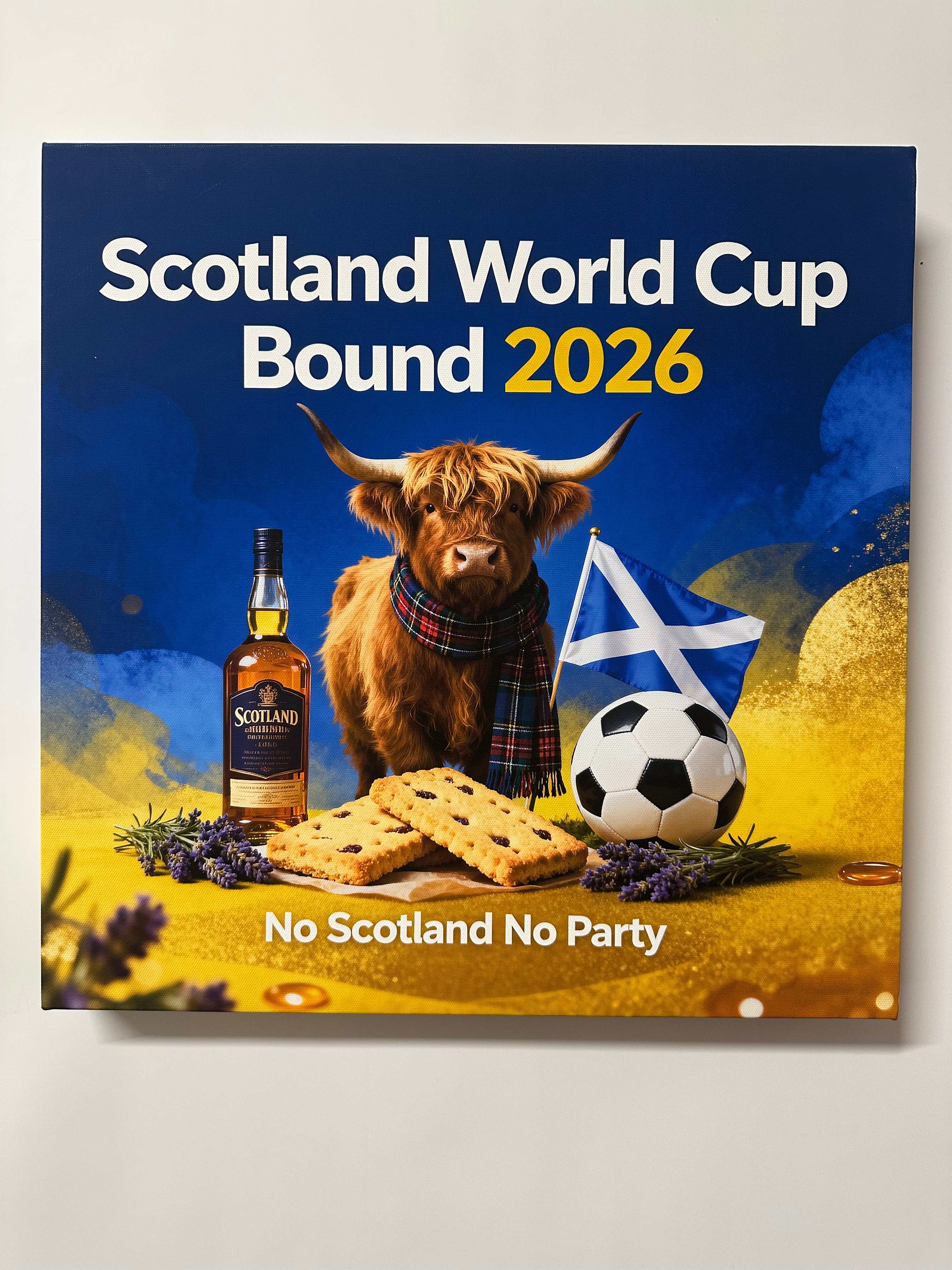 Promotional poster for Scotland's bid to host the 2026 World Cup, featuring a highland cow, Scottish flag, and a bottle of whisky.