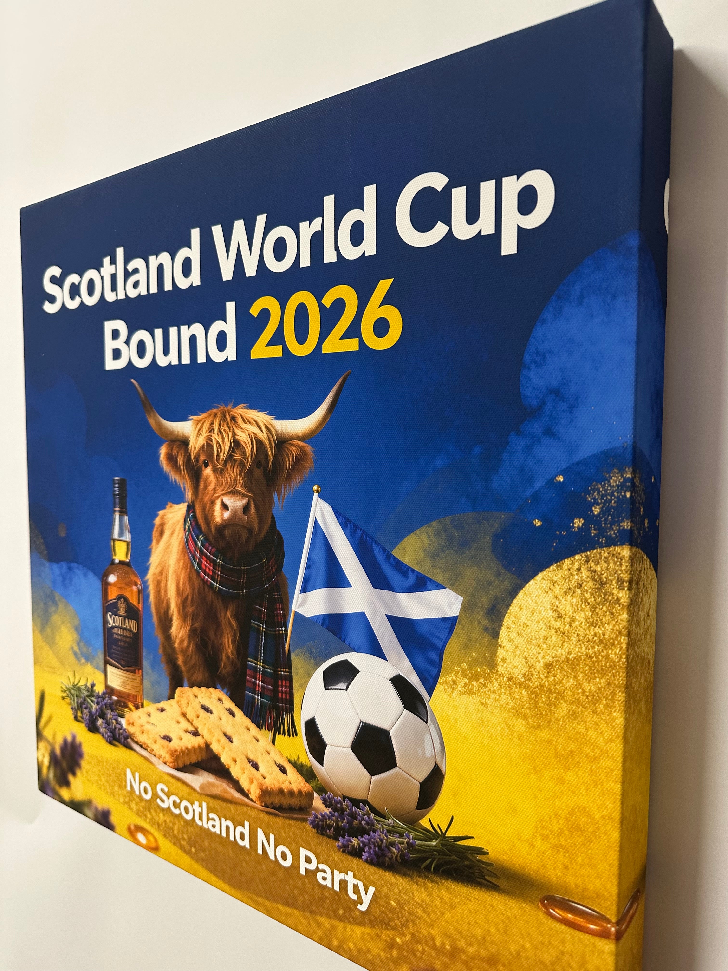 Product packaging with a cow, Scottish flag, and soccer ball on a blue and yellow background