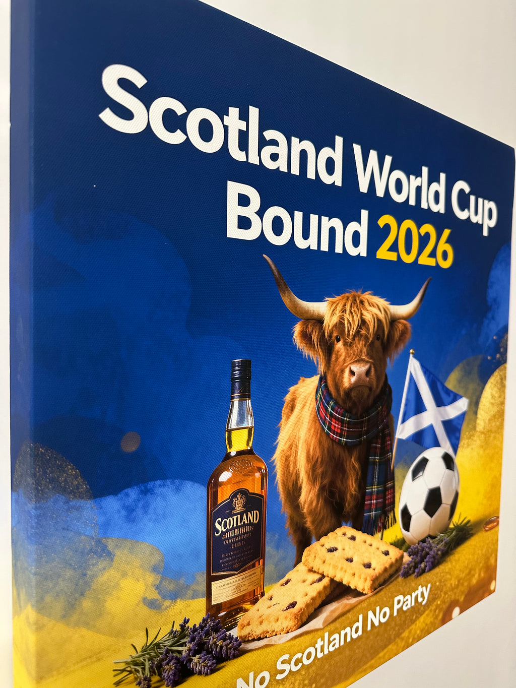Promotional poster for Scotland's hosting of the 2026 World Cup with a highland cow, soccer ball, and bottle of Scotch whisky.