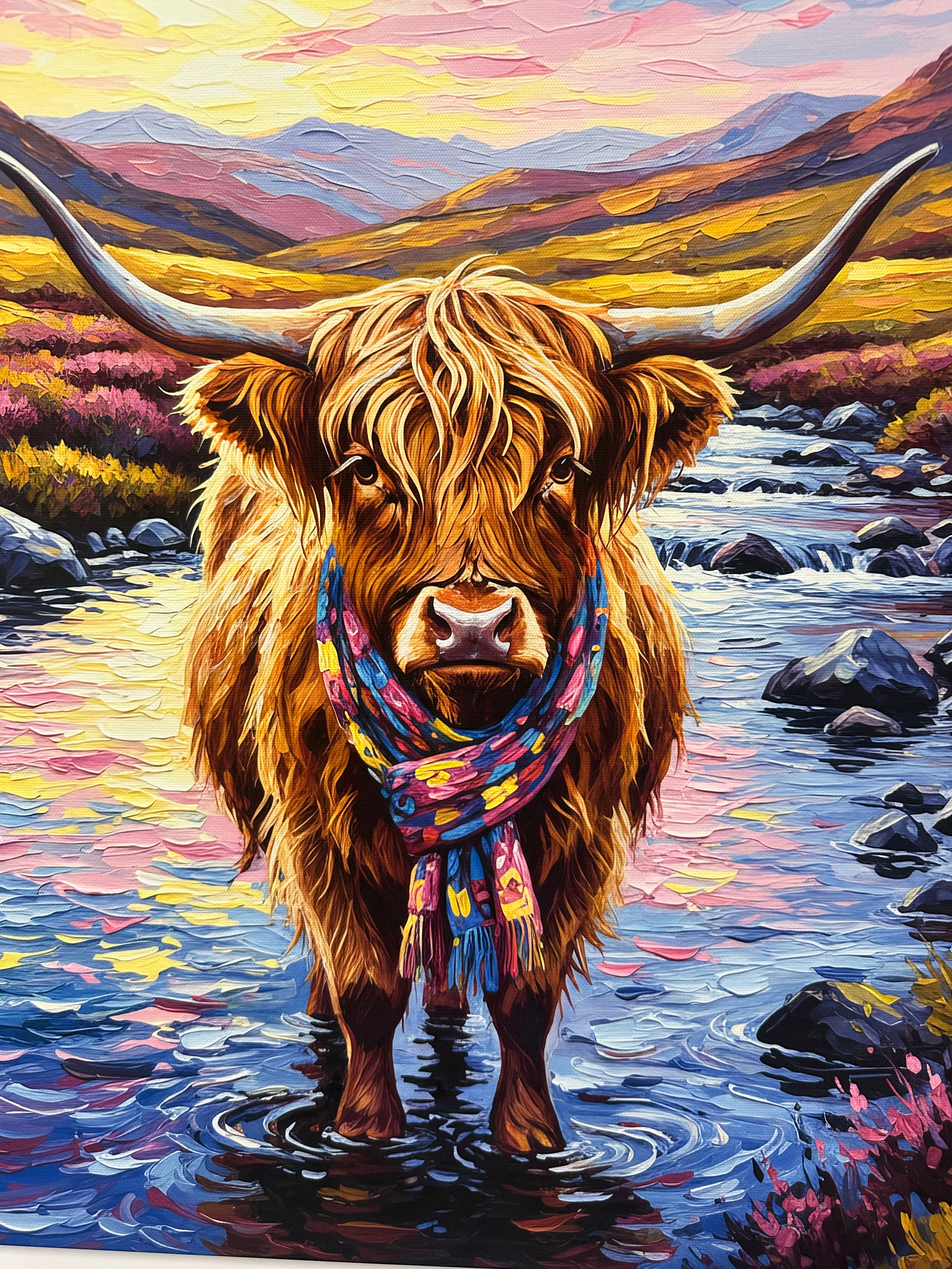 Painting of a highland cow wearing a colorful scarf with a abstract background
