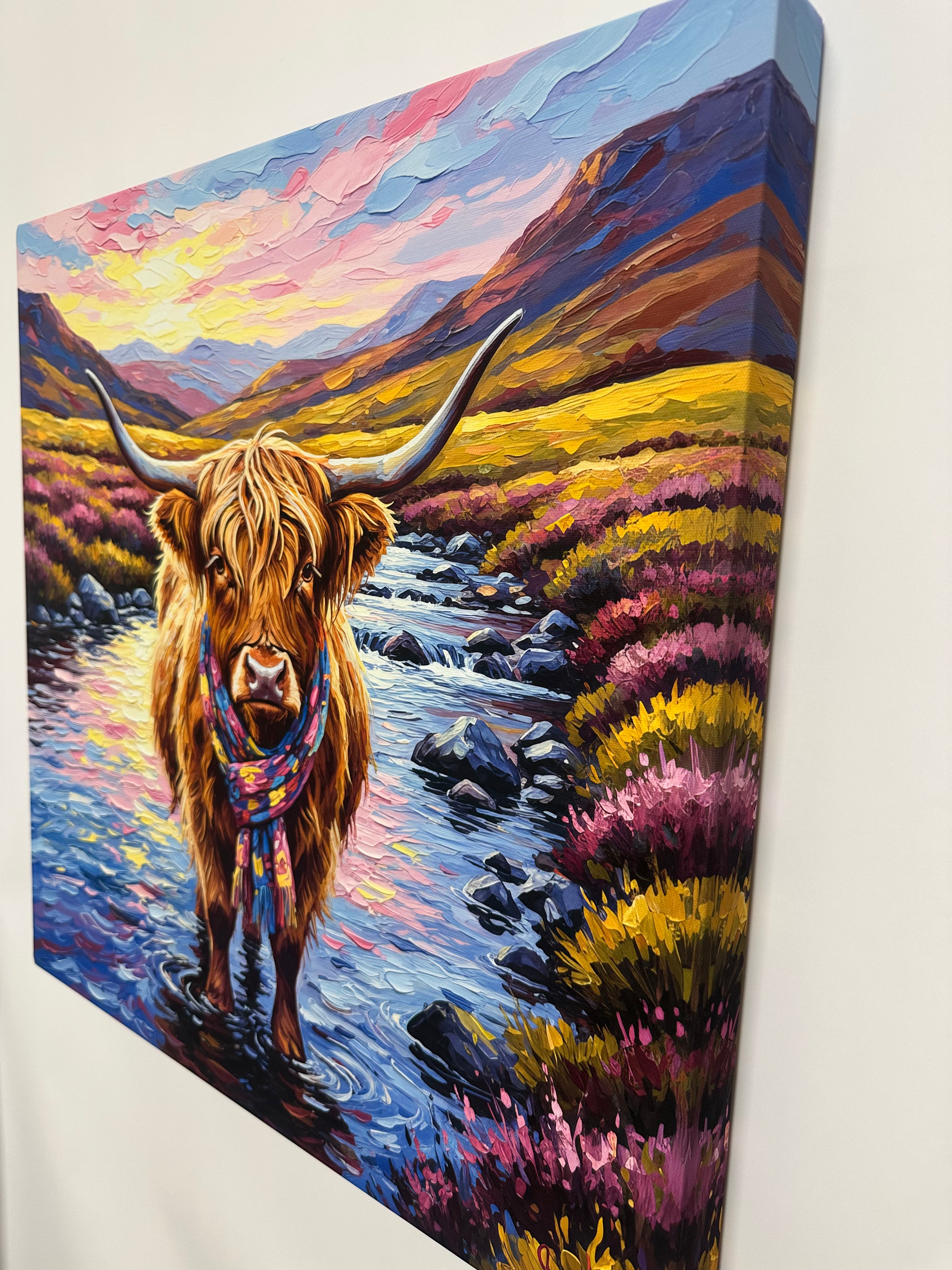 Colorful abstract painting of a person with long hair and a patterned scarf.