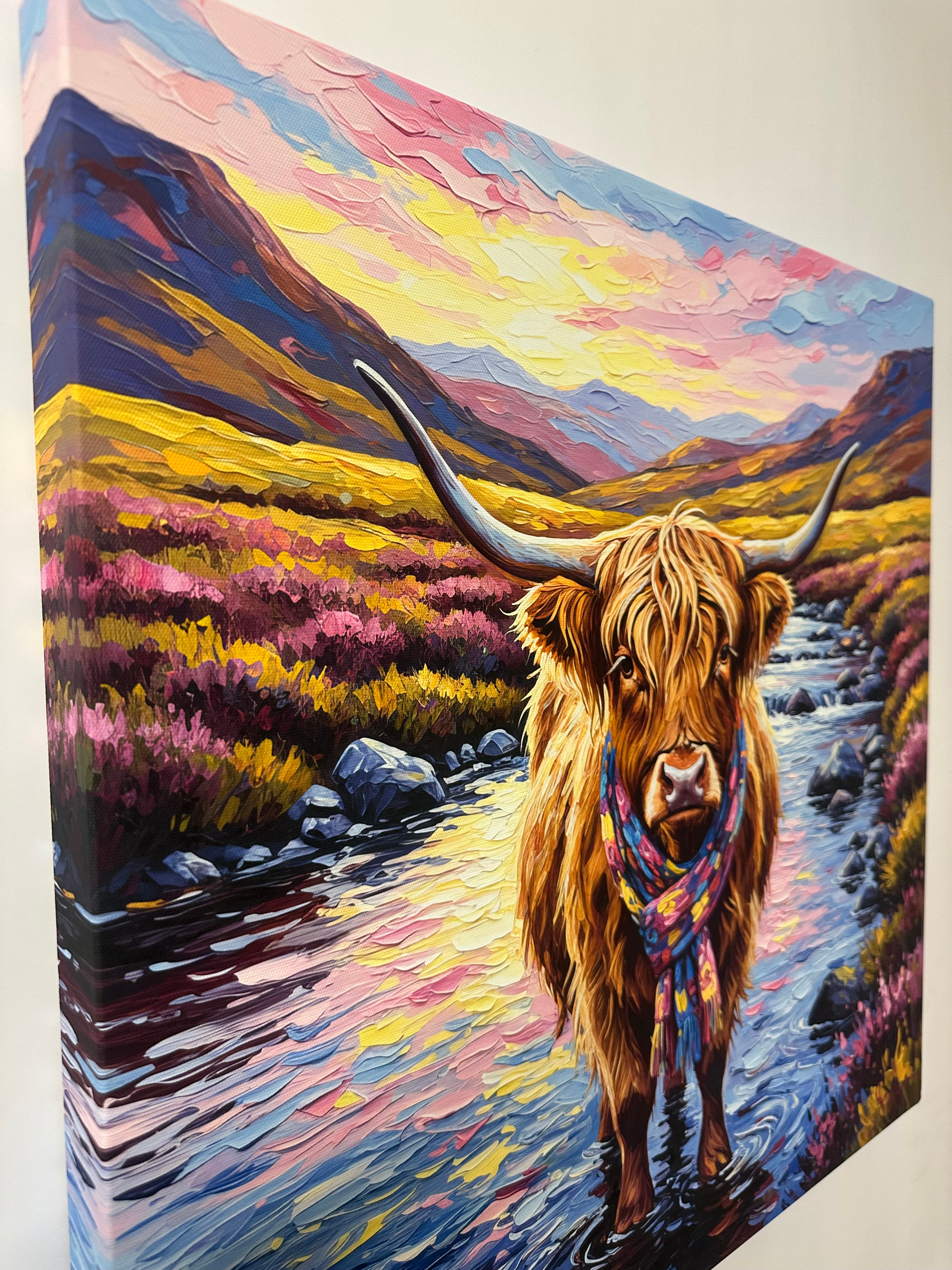 Colorful painting of a highland cow with long horns and a patterned scarf.