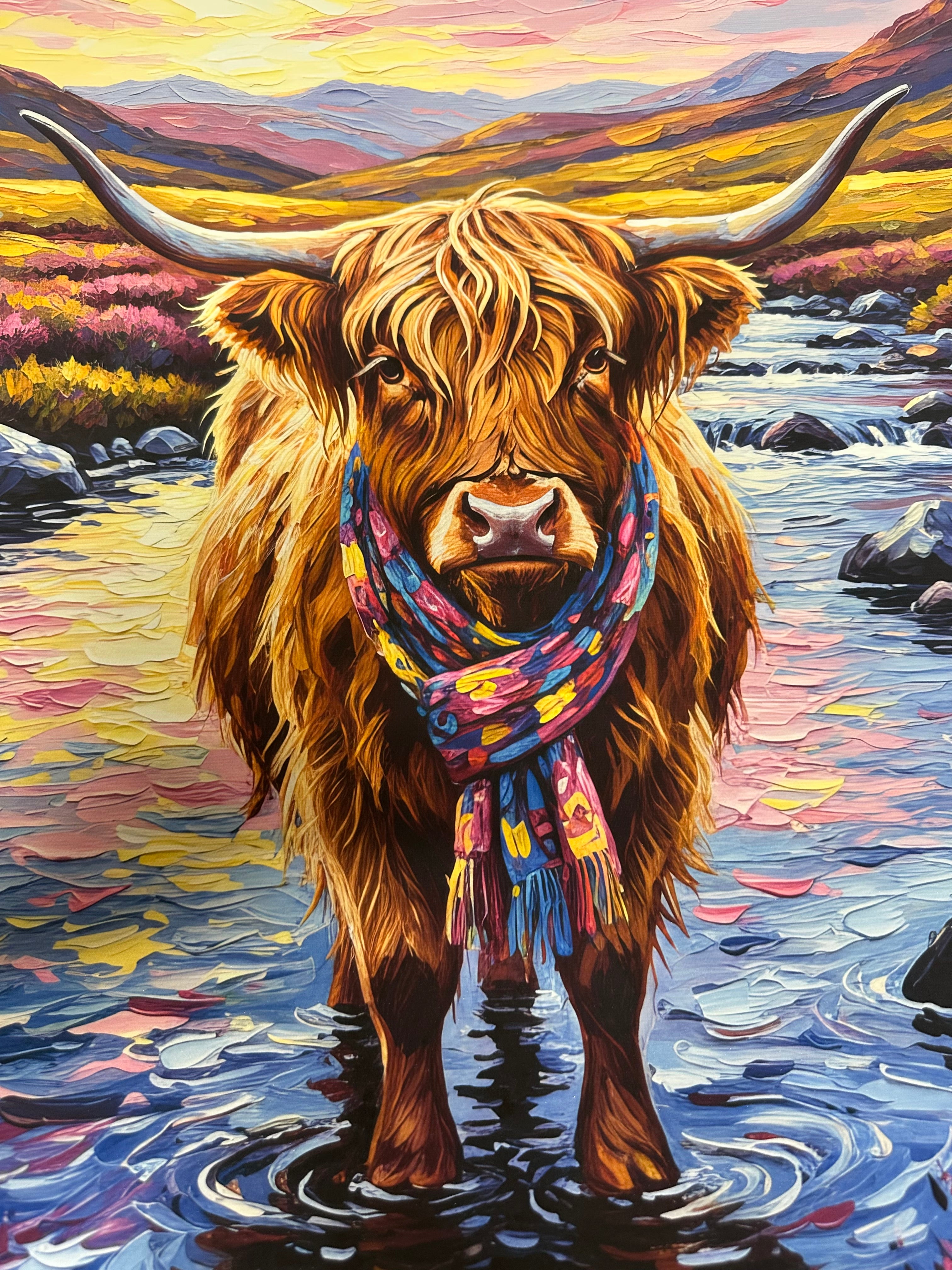 Painting of a highland cow wearing a colorful scarf in a natural landscape.