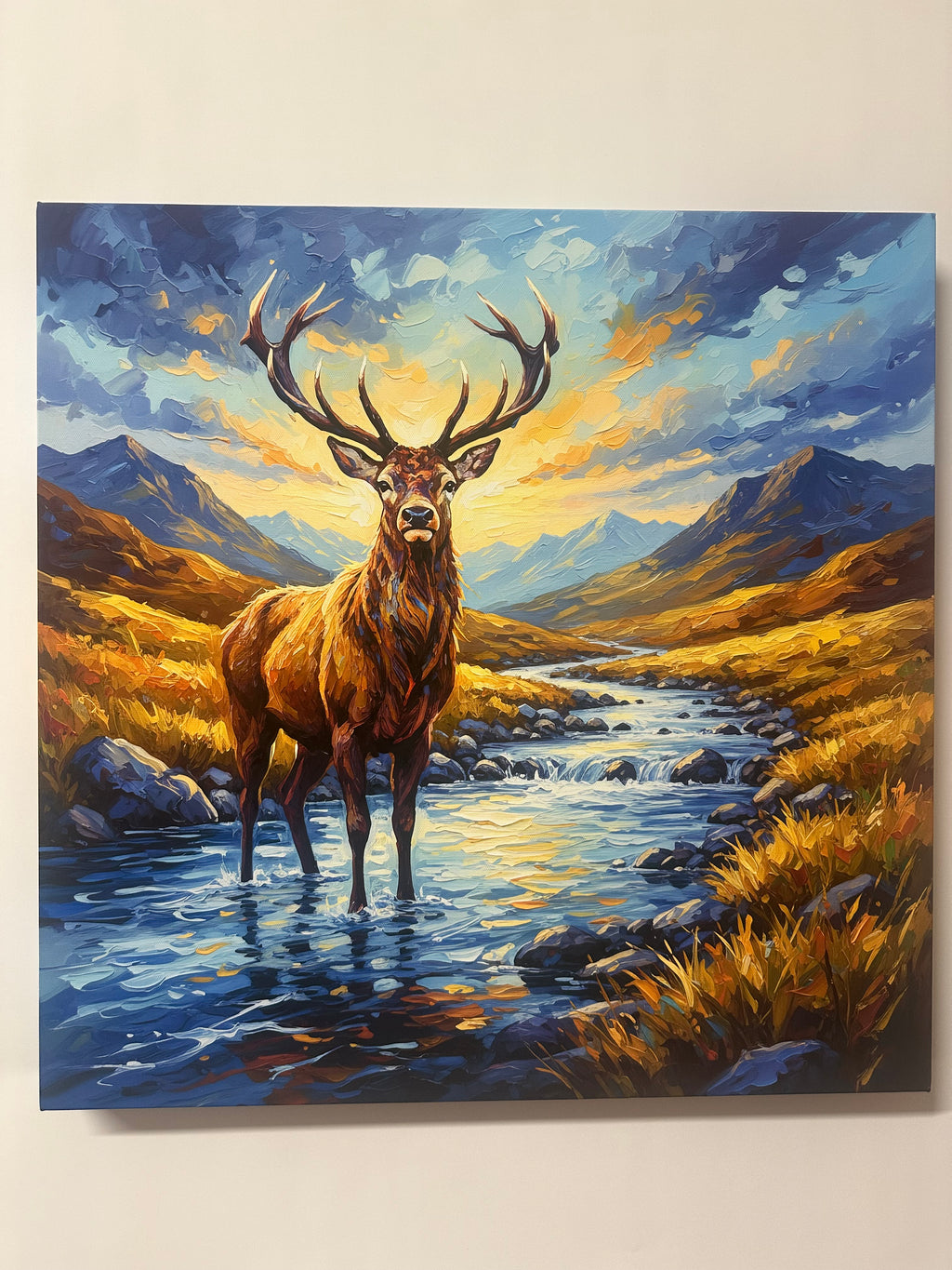 Painting of a stag in a natural landscape with mountains and water.