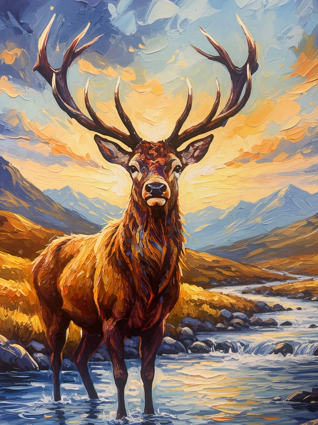 Painting of a deer with large antlers against a colorful background