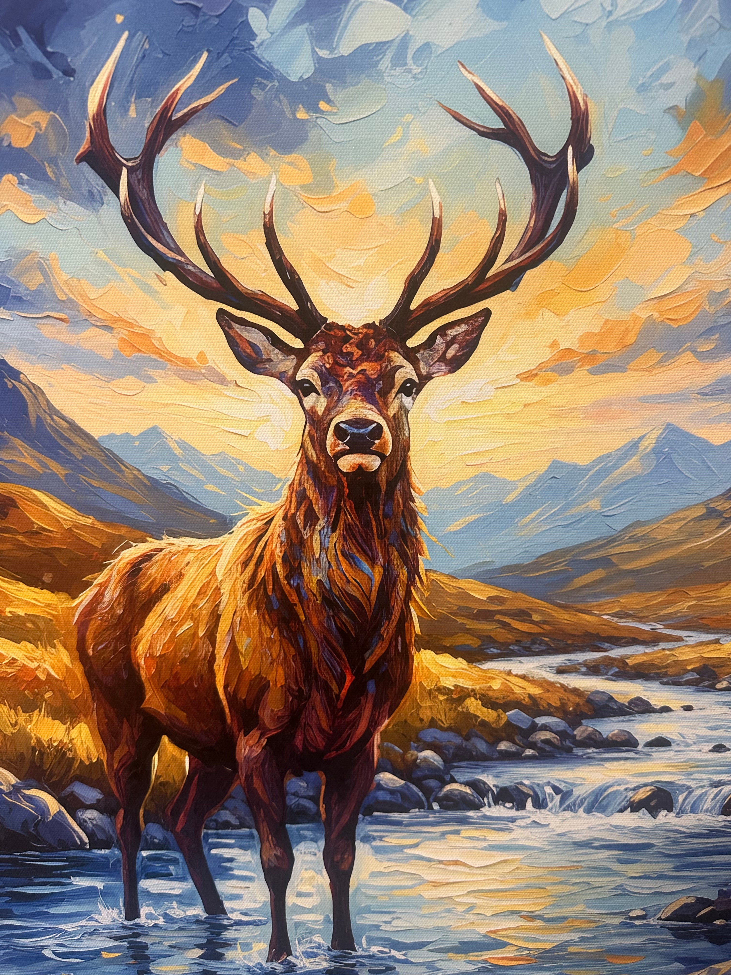 Painting of a deer with large antlers against a colorful background