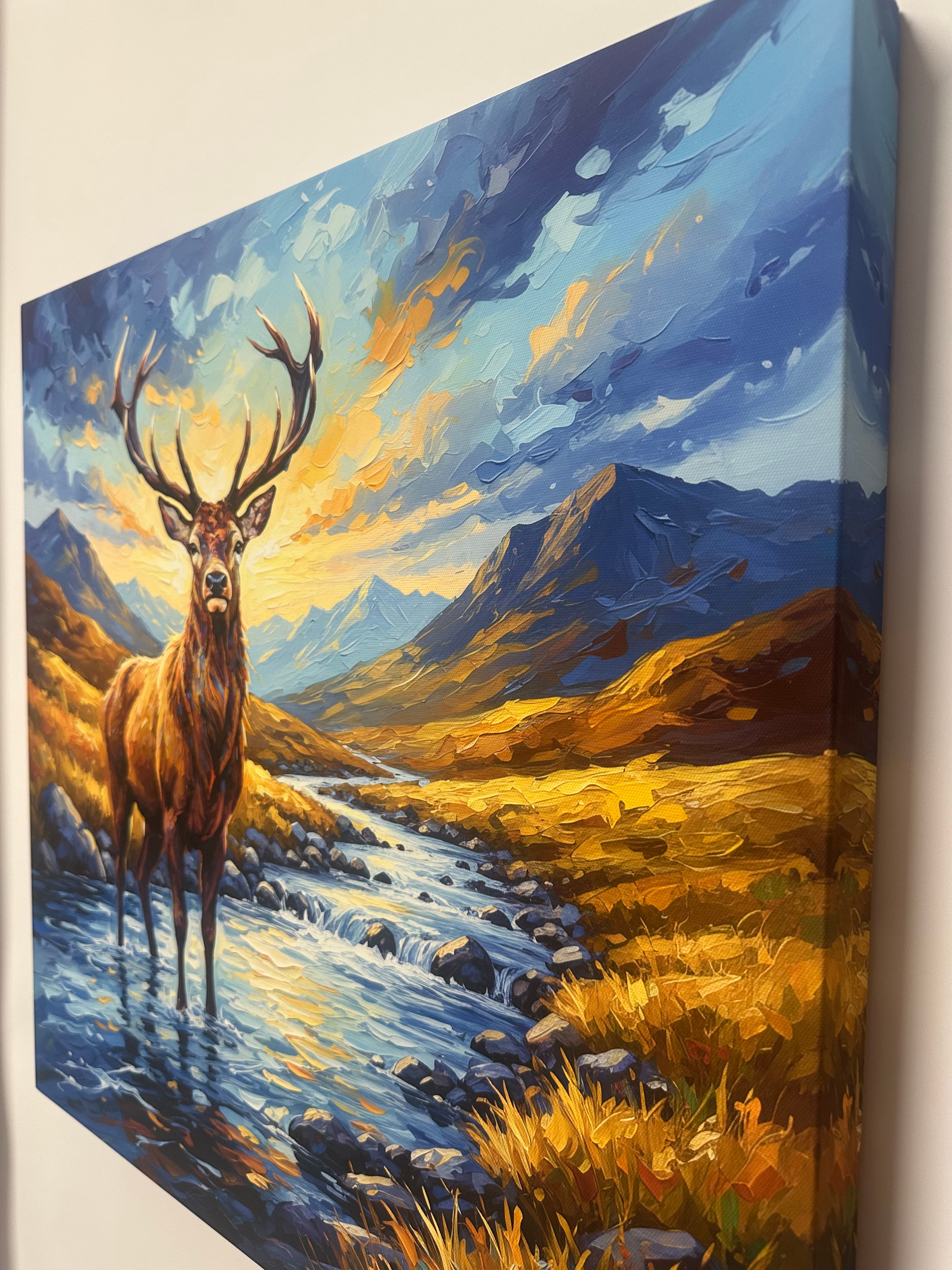 Painting of a deer with a mountainous landscape in the background