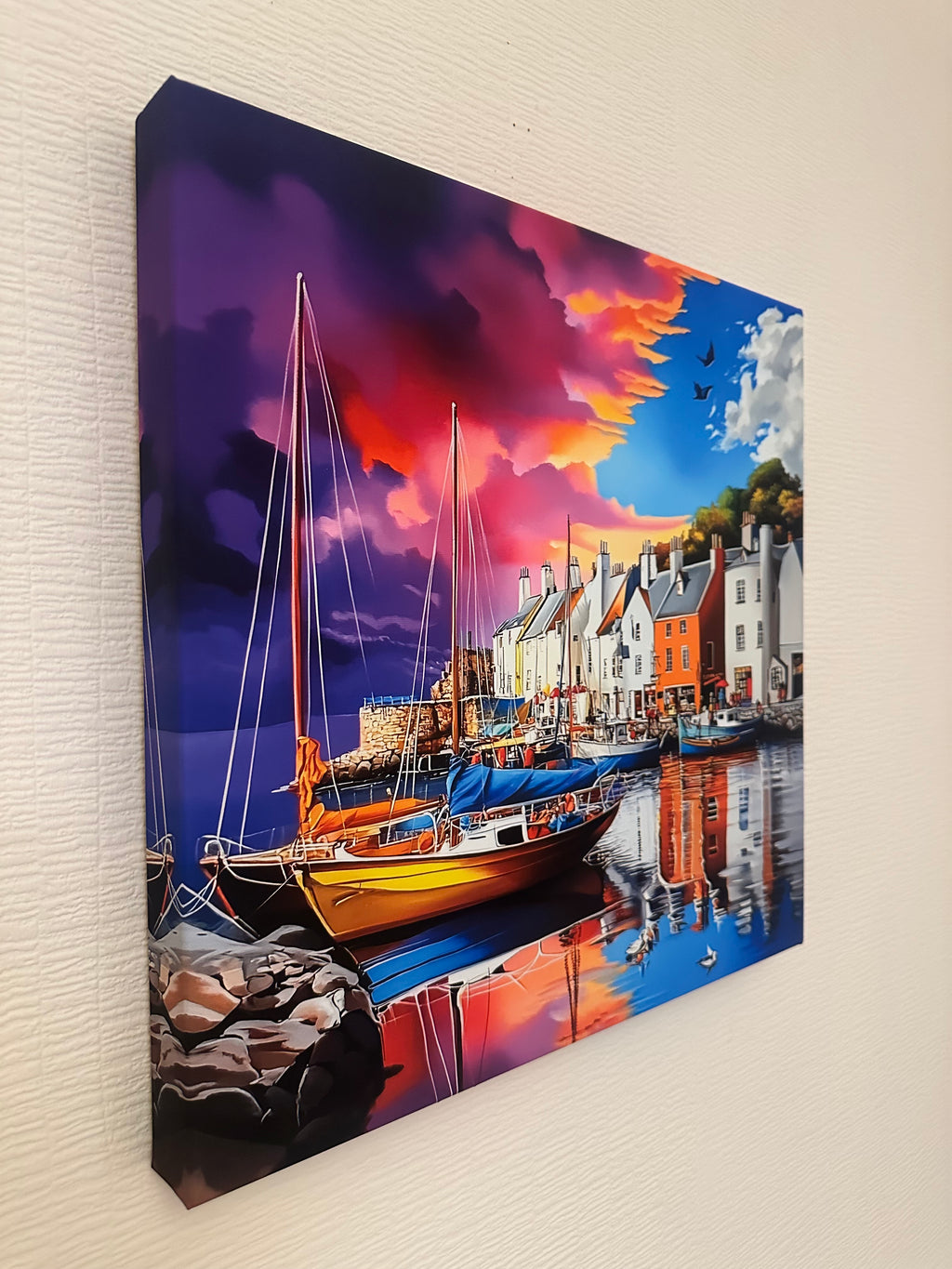 Colorful painting of a cityscape with a boat on a textured surface