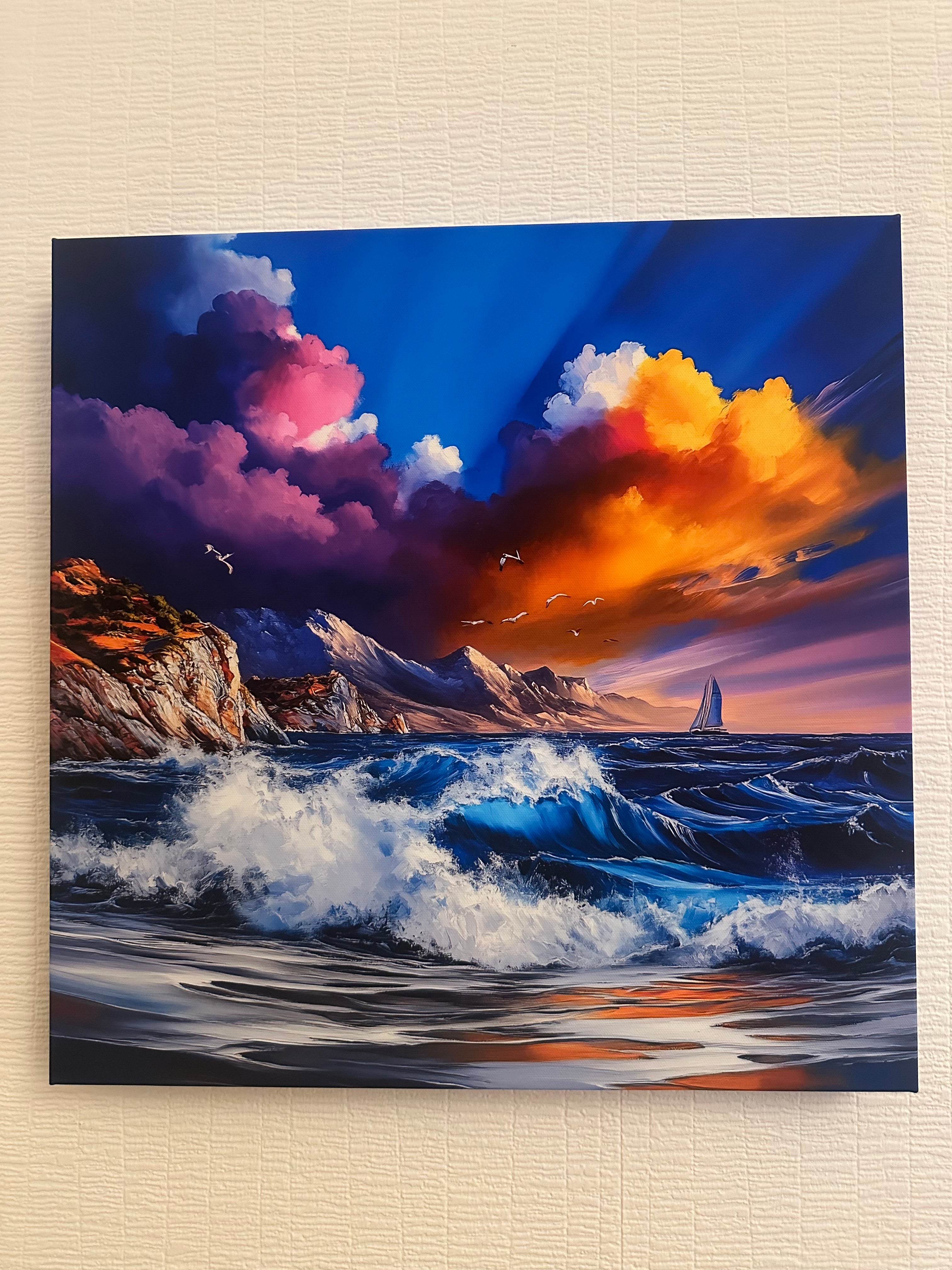 Two abstract art prints side by side on a textured wall.