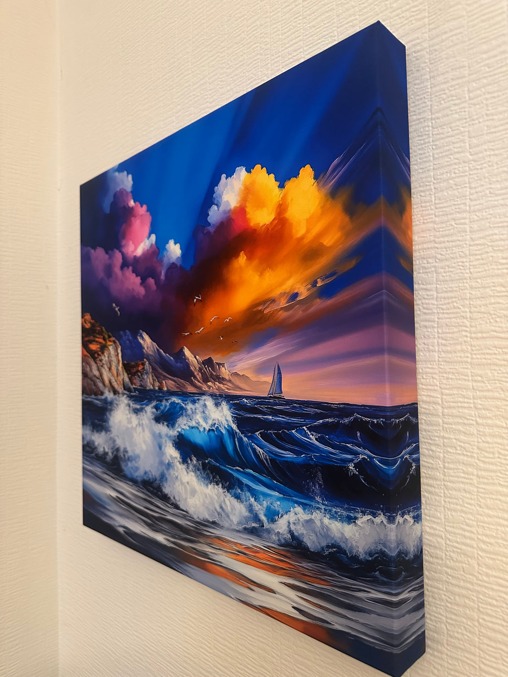 Abstract artwork with colorful cloud and wave design on a textured wall.