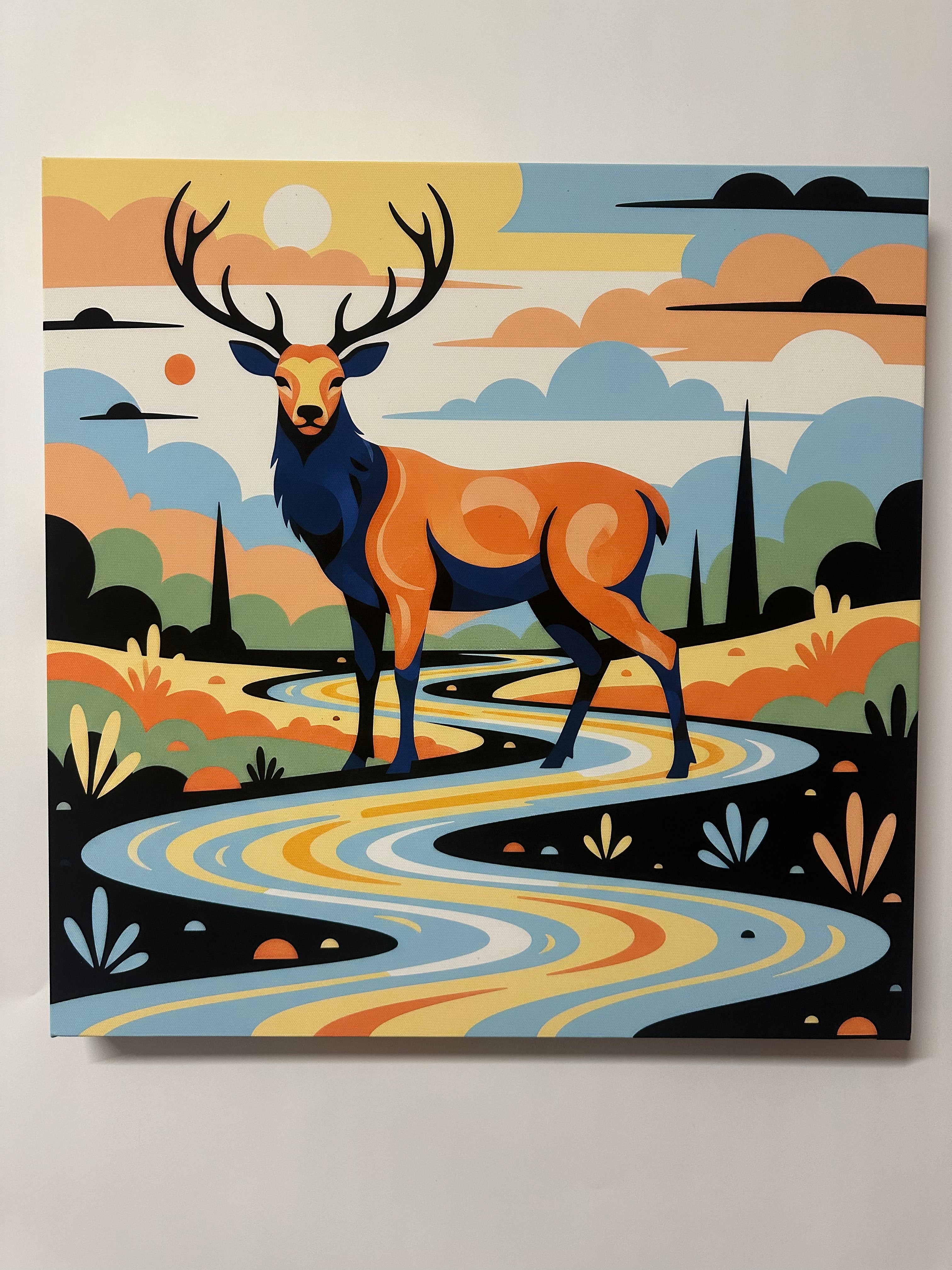 Colorful abstract artwork with a deer-like figure and swirling patterns on a gray background