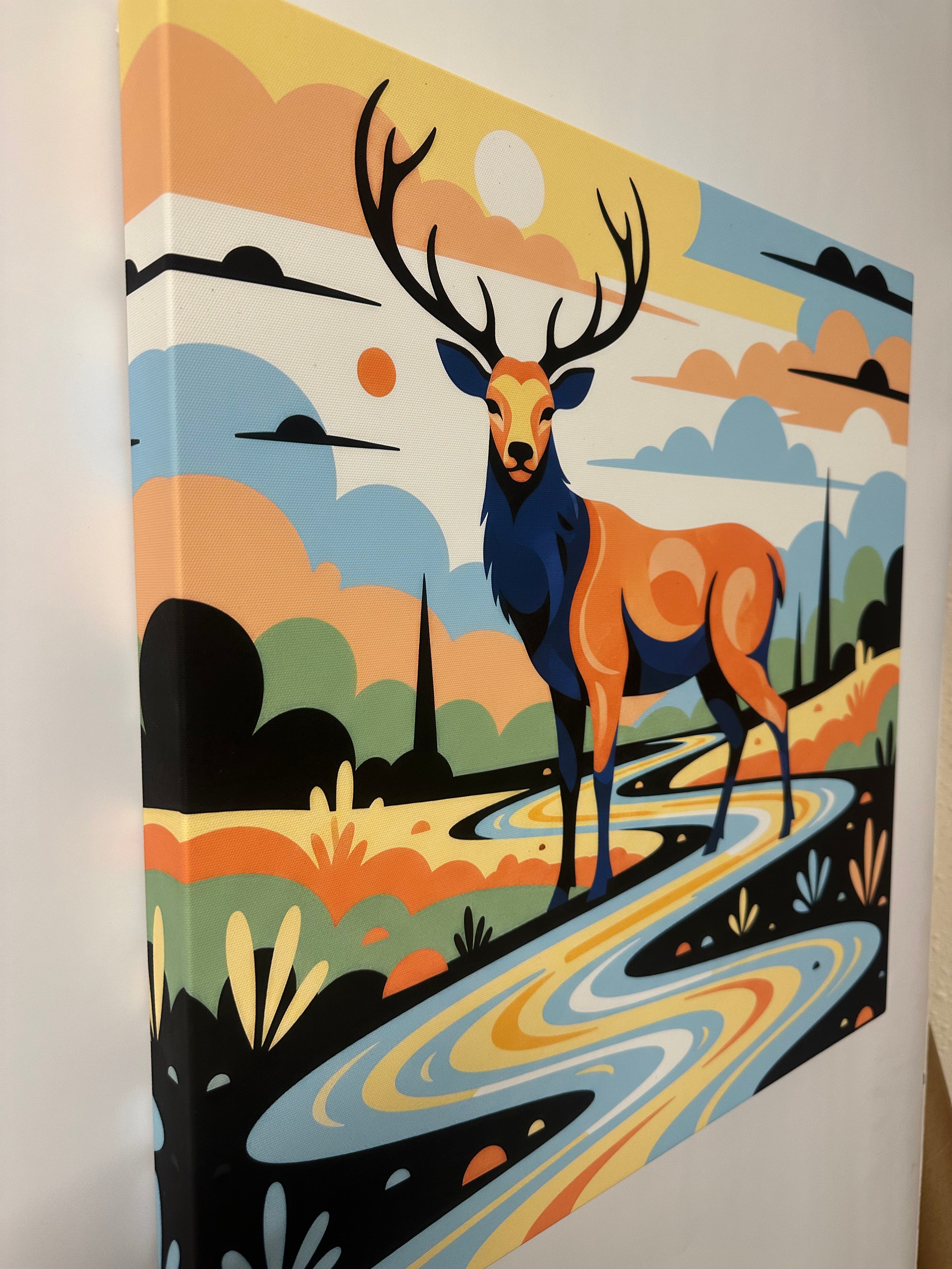 Colorful abstract design with a deer in the center on a white background