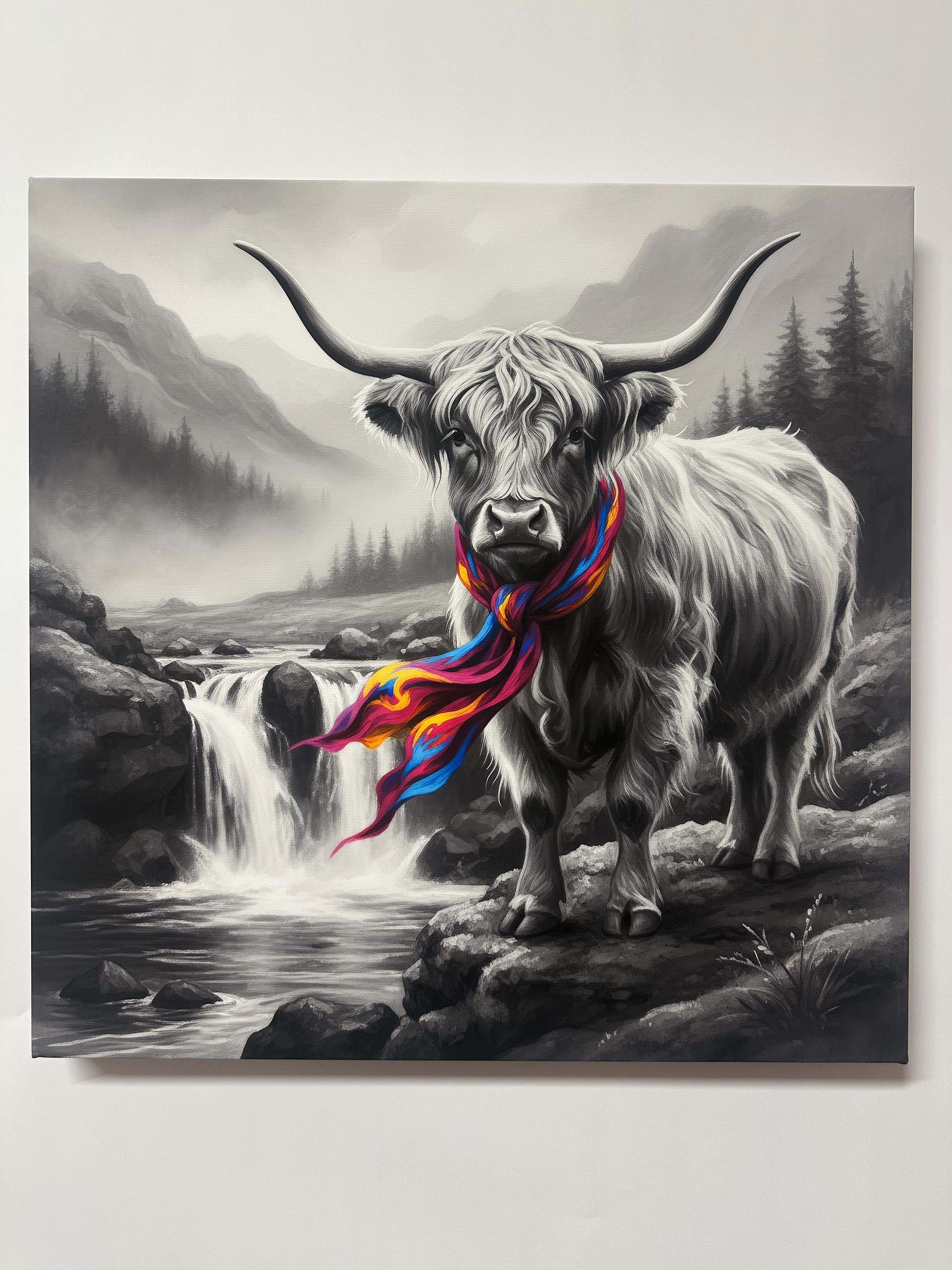 Black and white painting of a Highland cow with colorful scarf on a light gray background