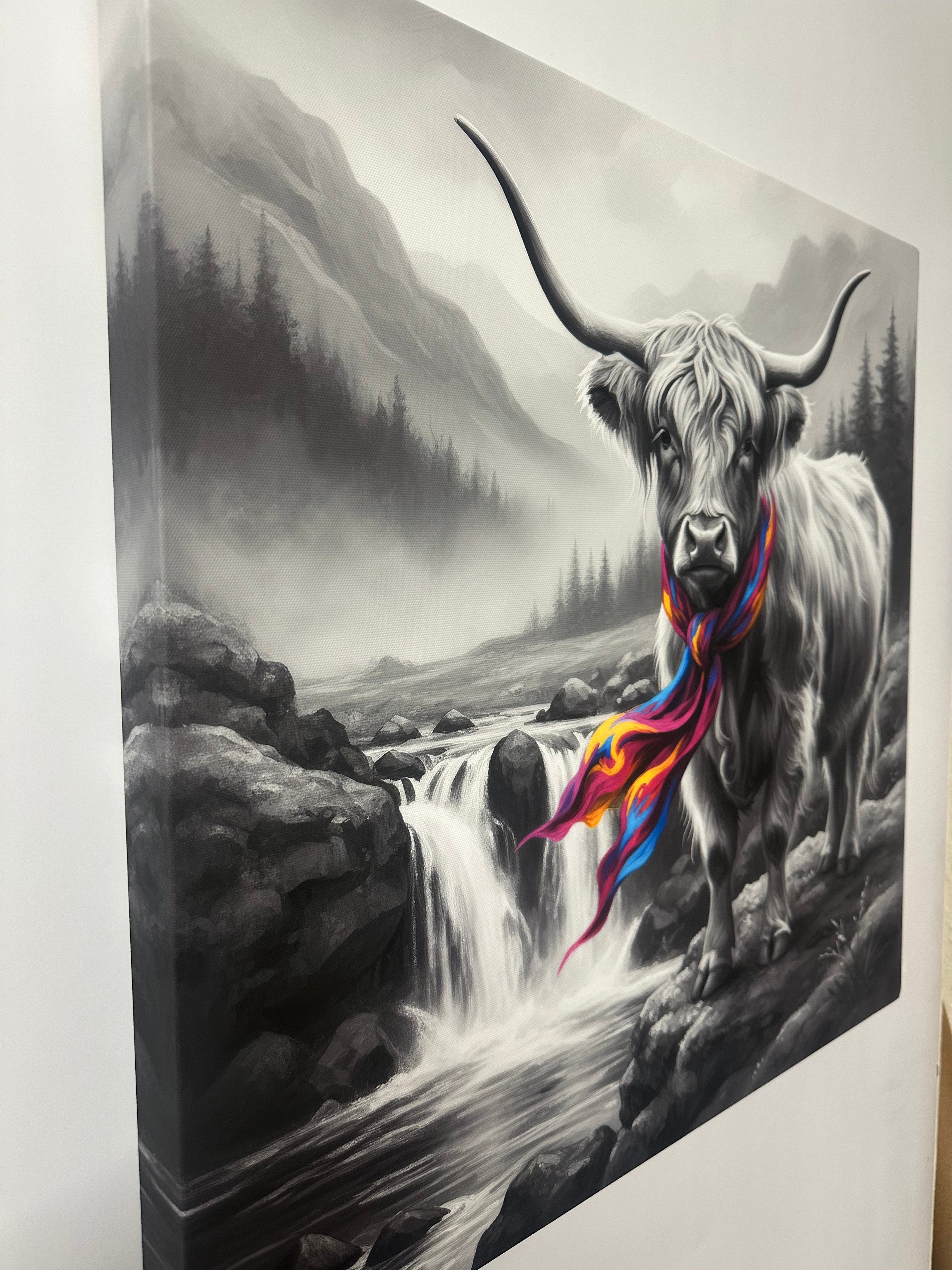Black and white painting of a bull with colorful accents on a white background