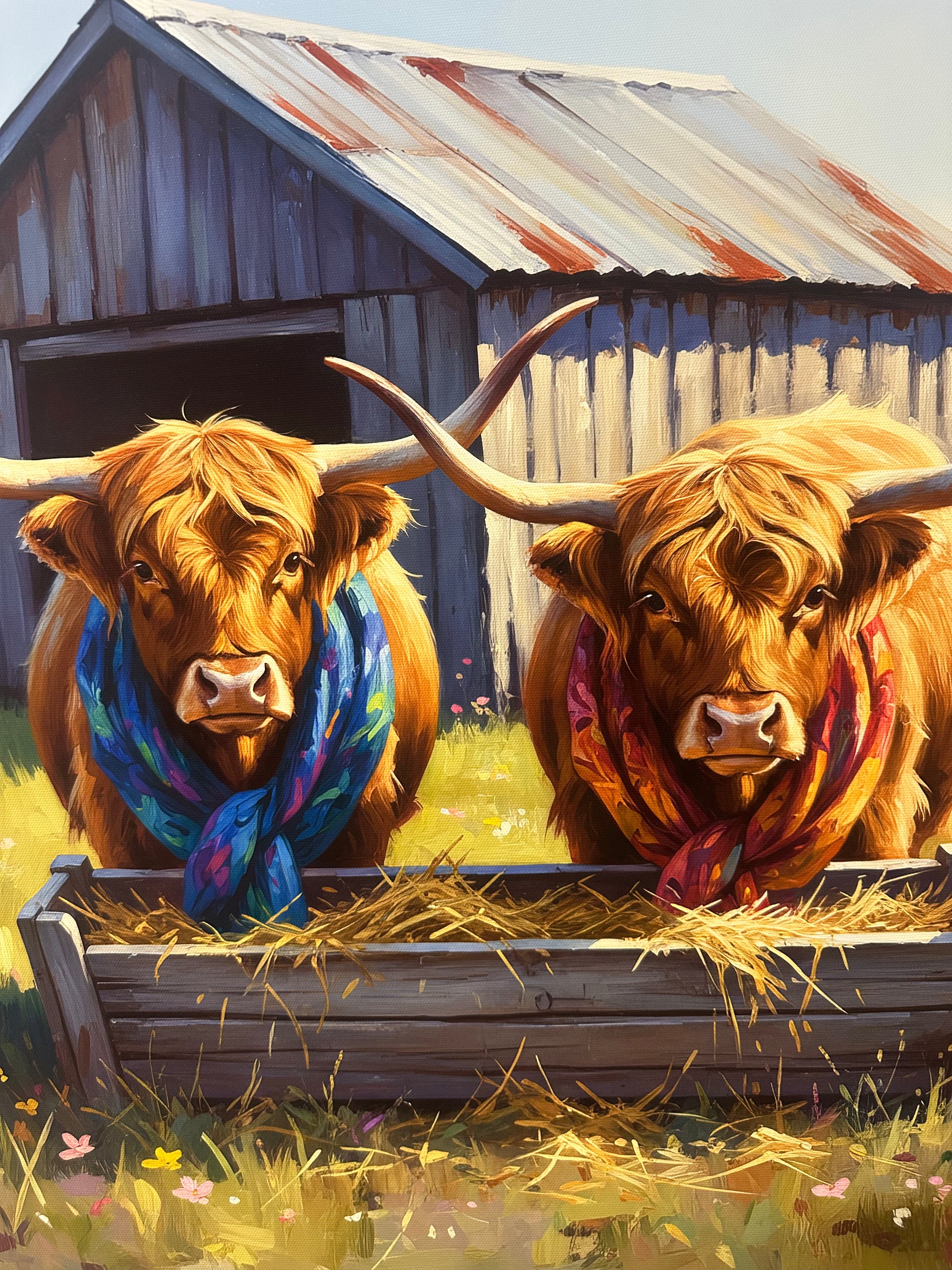 Two longhorn cows with colorful scarves in a field with a wooden shed in the background.