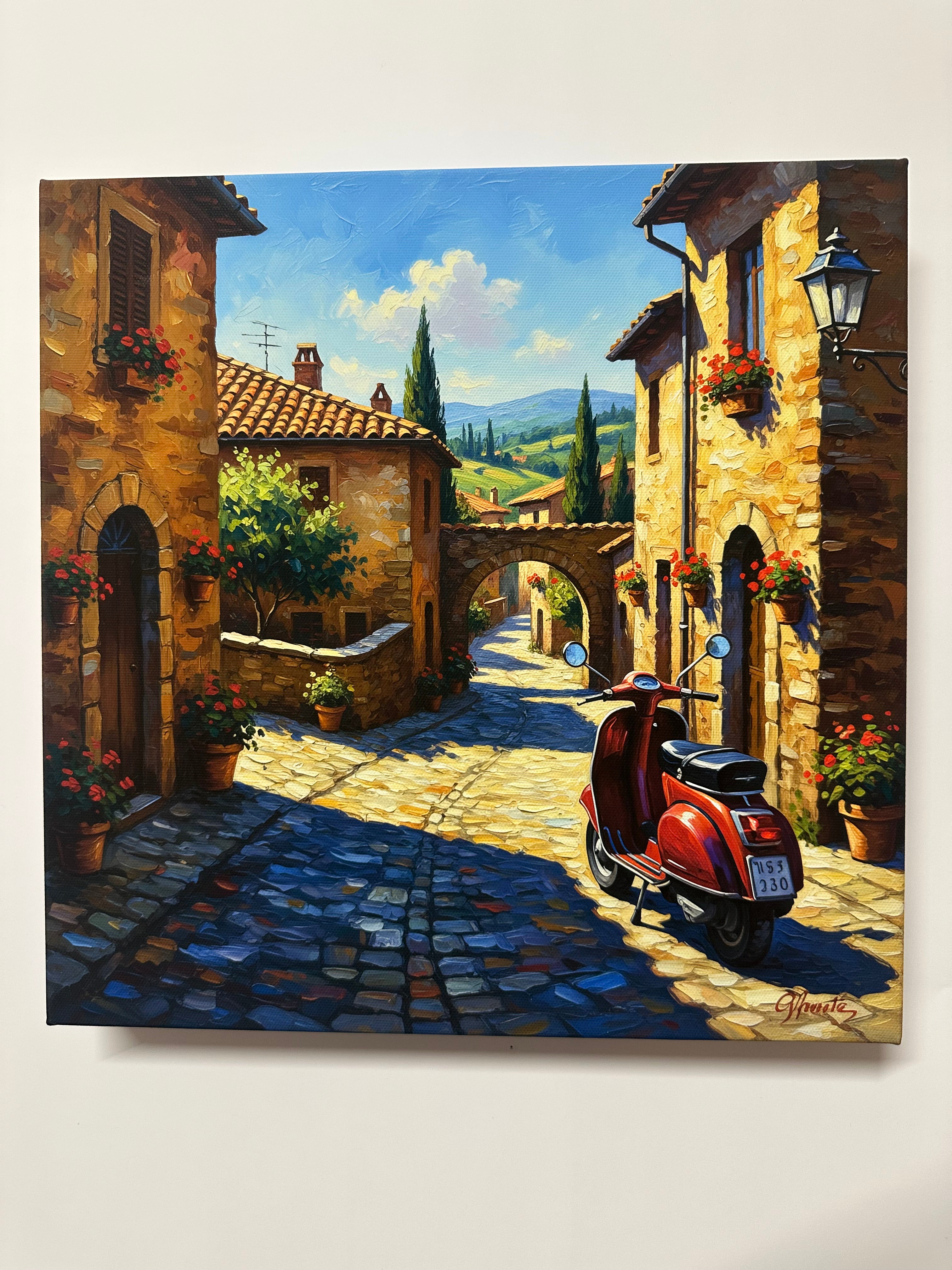Painting of a scenic street with buildings and a Vespa motorcycle.