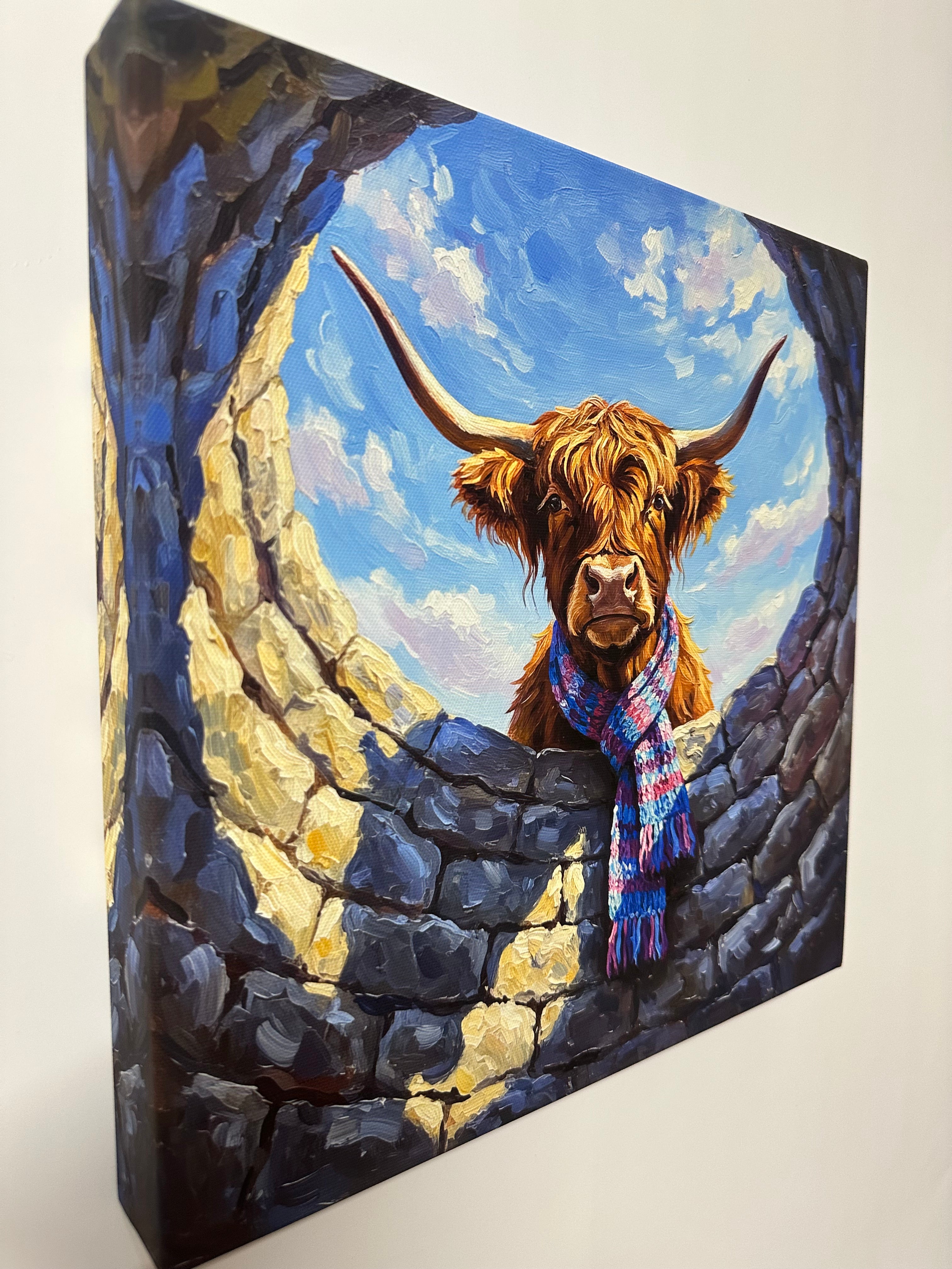 Printed Painting of a Highland cow peering over a stone water well with a blue sky background