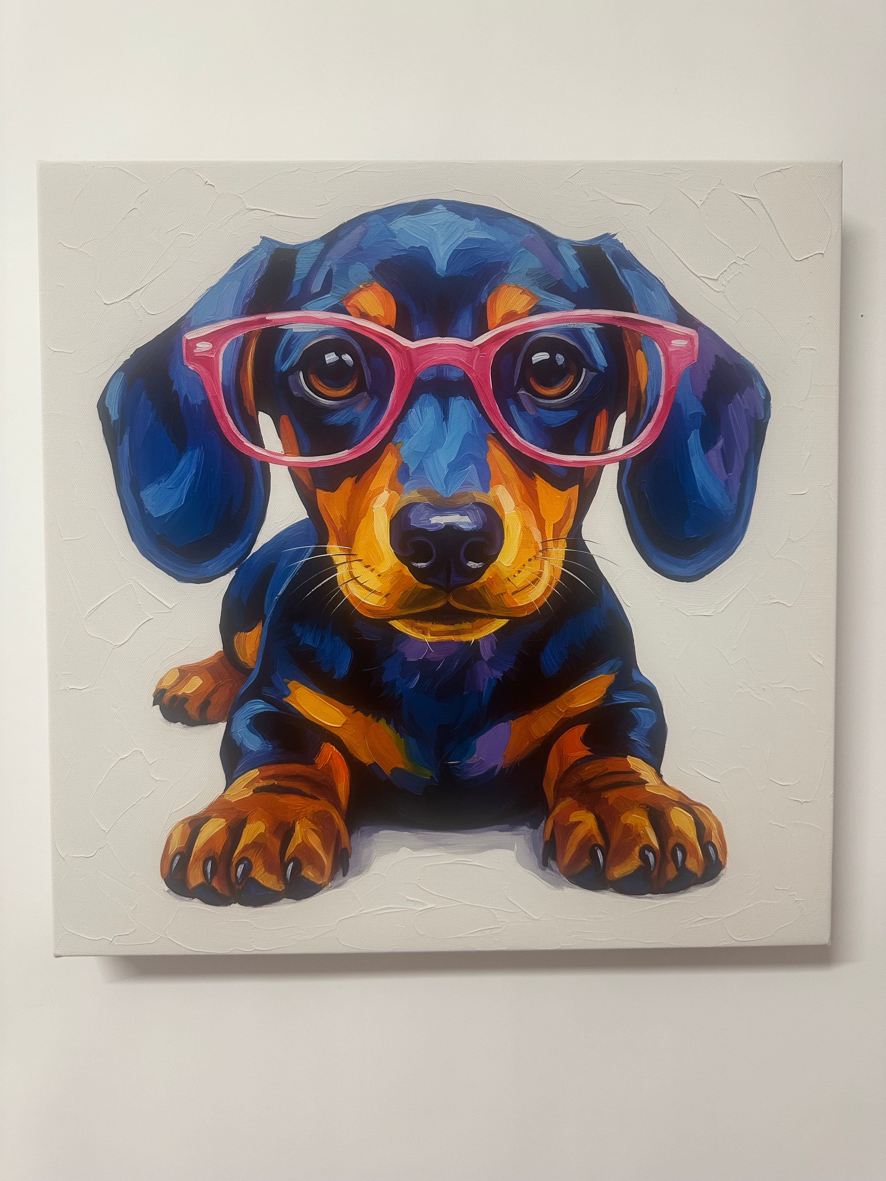 Colorful dog painting with pink sunglasses on a light gray background