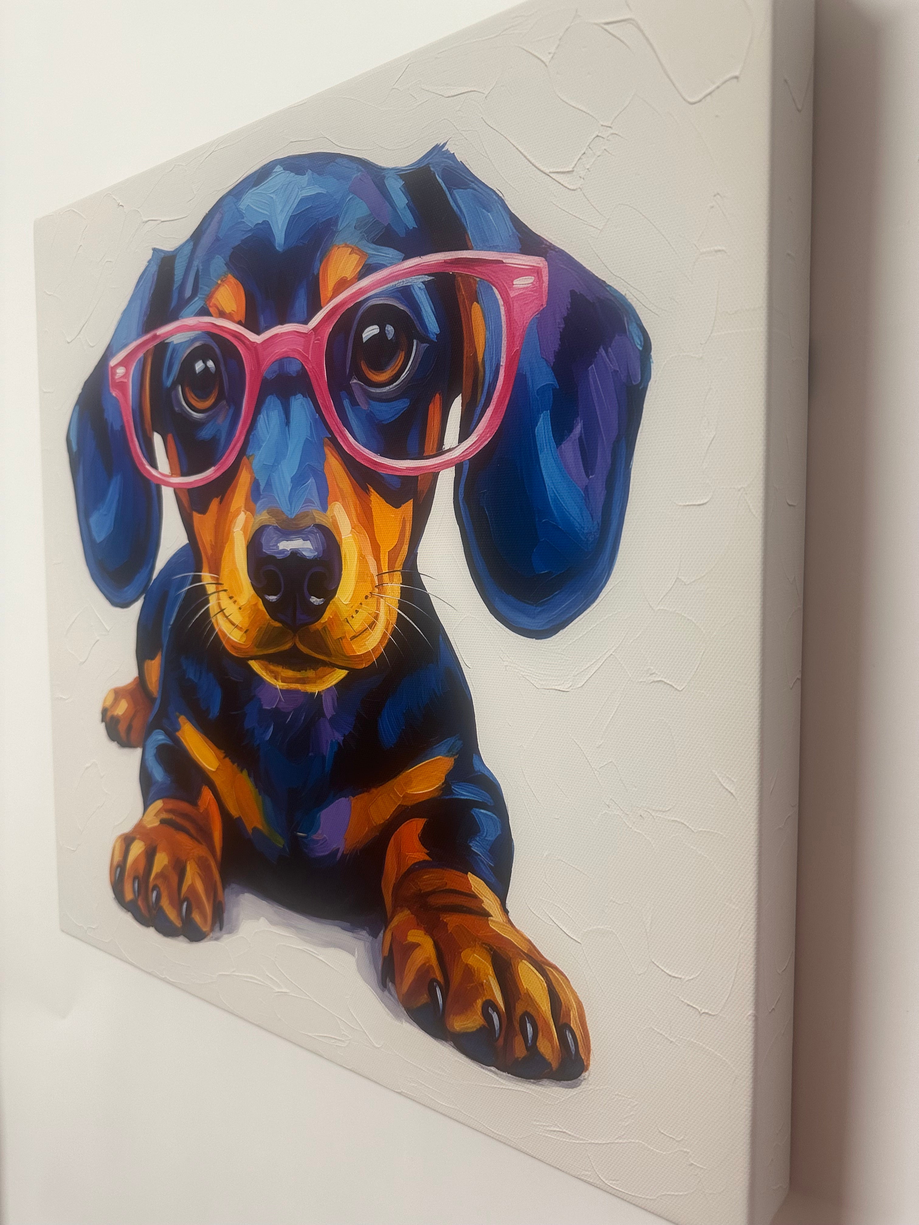 Colorful painting of a dog with pink sunglasses on a white background