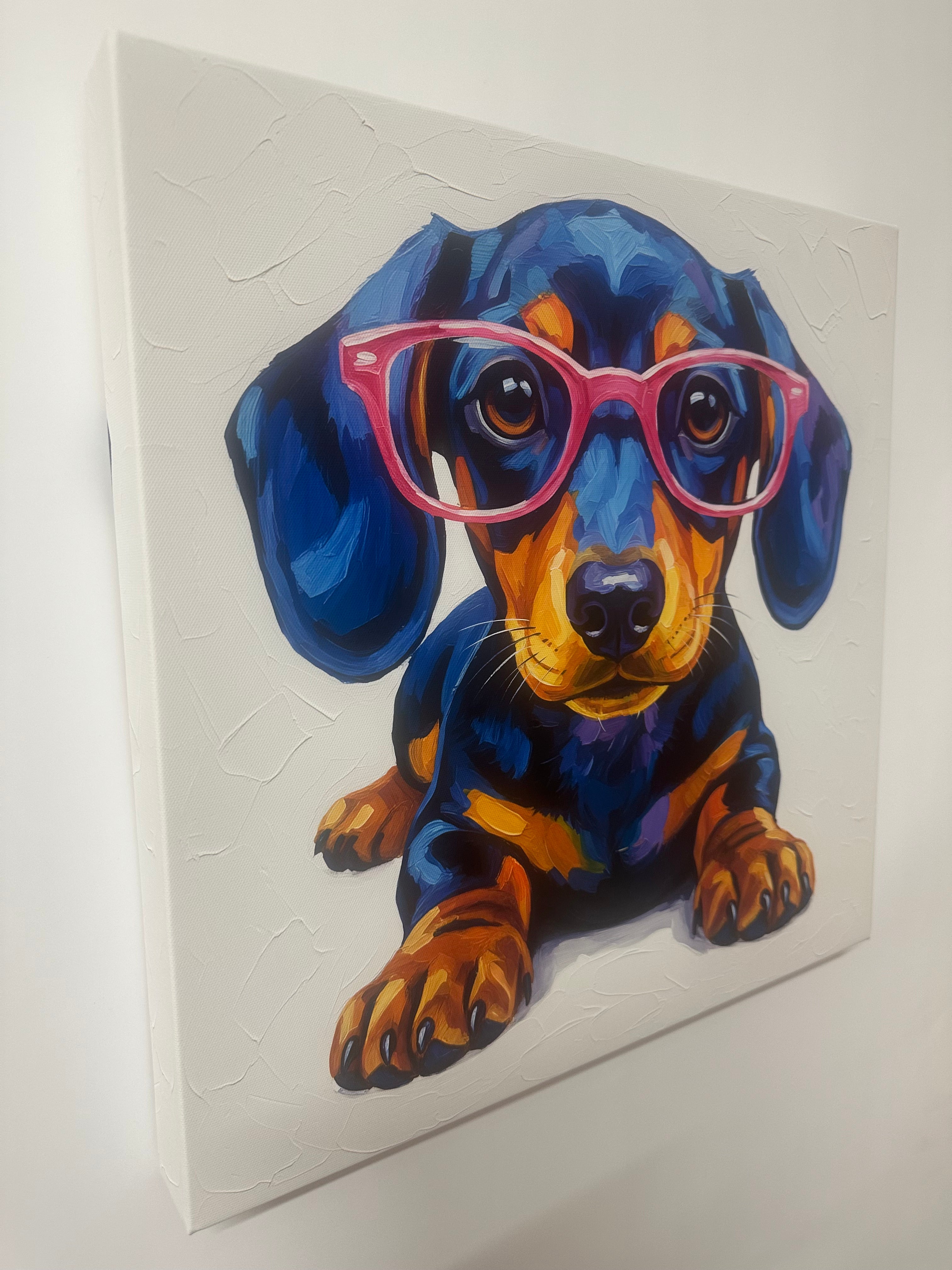 Colourful  art of a dog wearing pink sunglasses on a white background