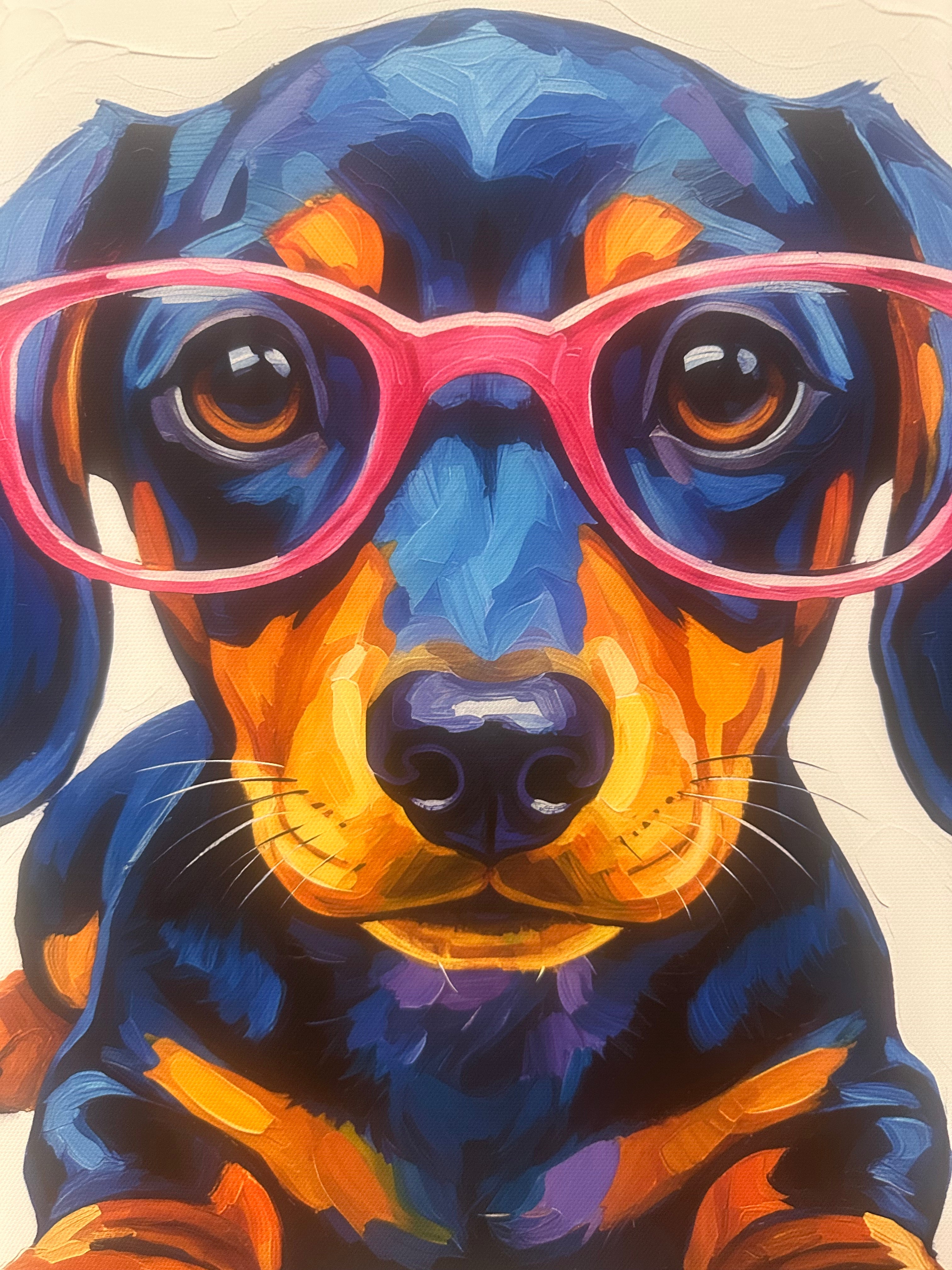 Colorful abstract painting of a dog wearing pink sunglasses