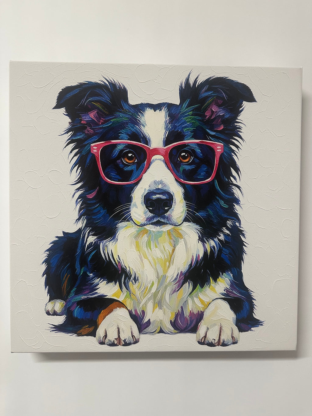 Painting of a dog wearing red sunglasses on a white background