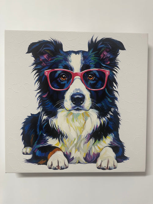 Painting of a dog wearing red sunglasses on a white background