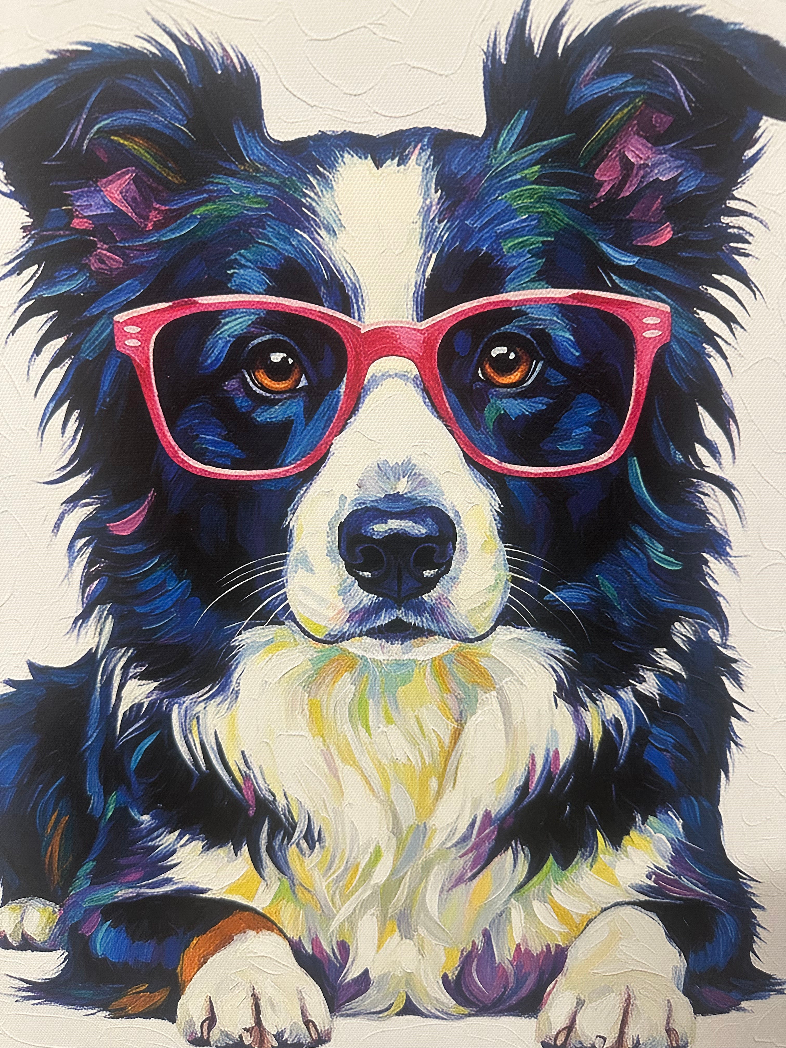 Colorful painting of a dog wearing pink sunglasses on a light background