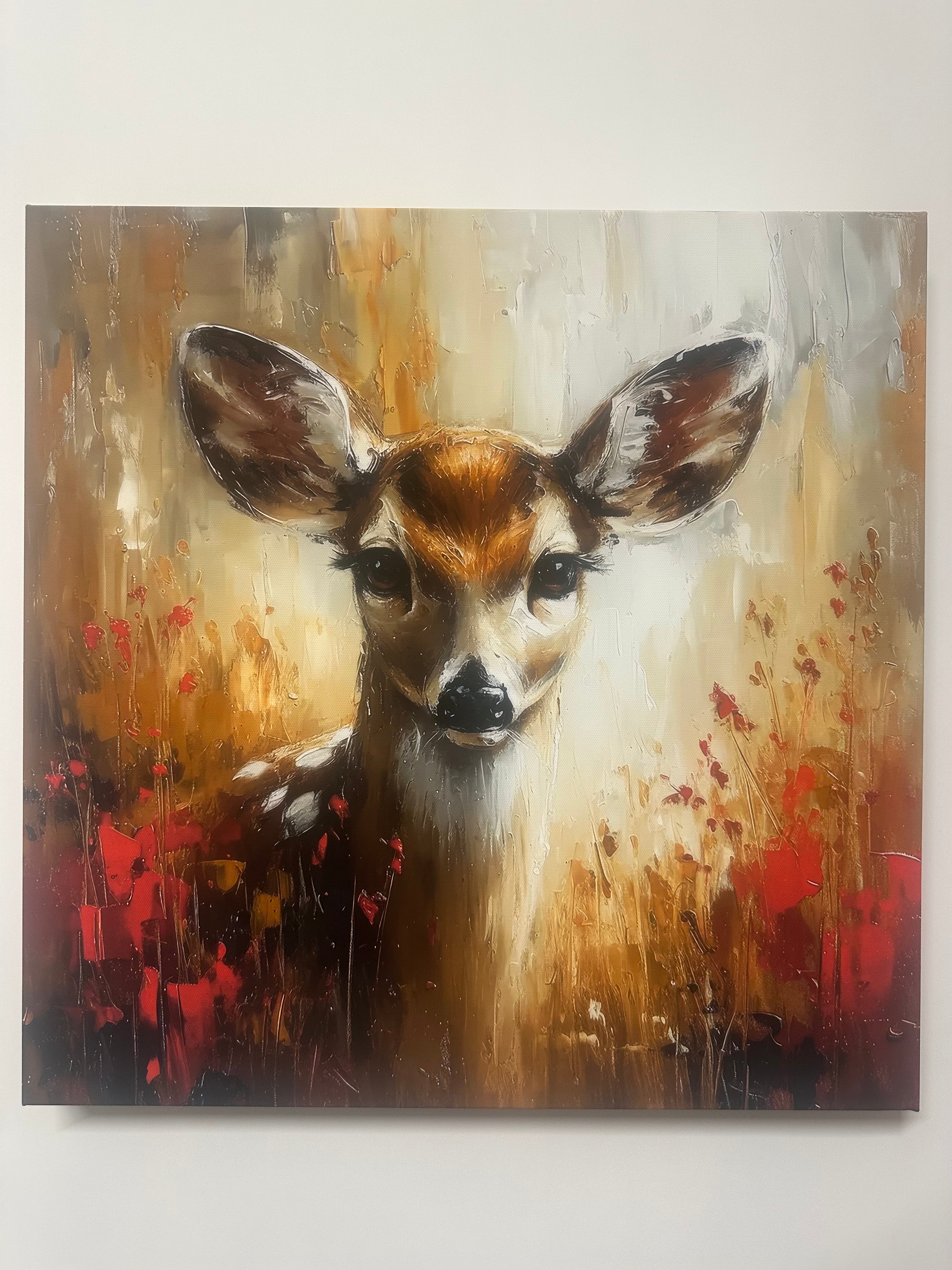 Abstract painting of a deer's head with brown, red, and beige colors.