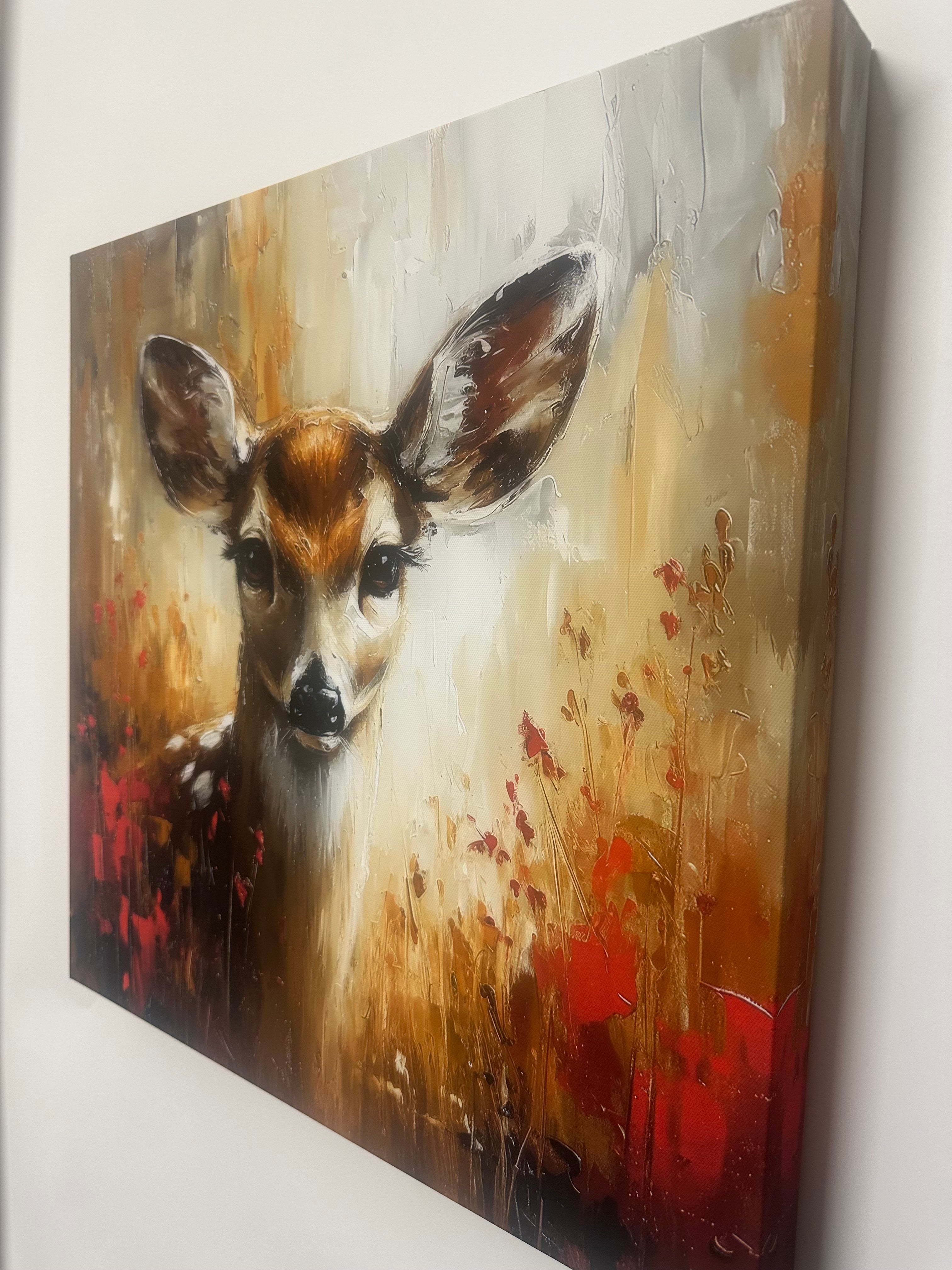 Painting of a deer's head with a warm color palette on a white background