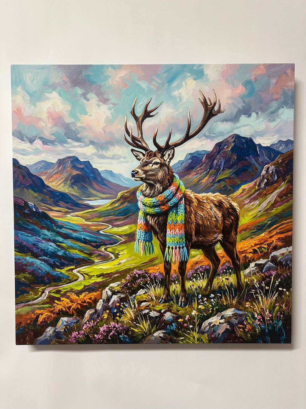 a deer wearing a colourful sweater in a mountainous landscape