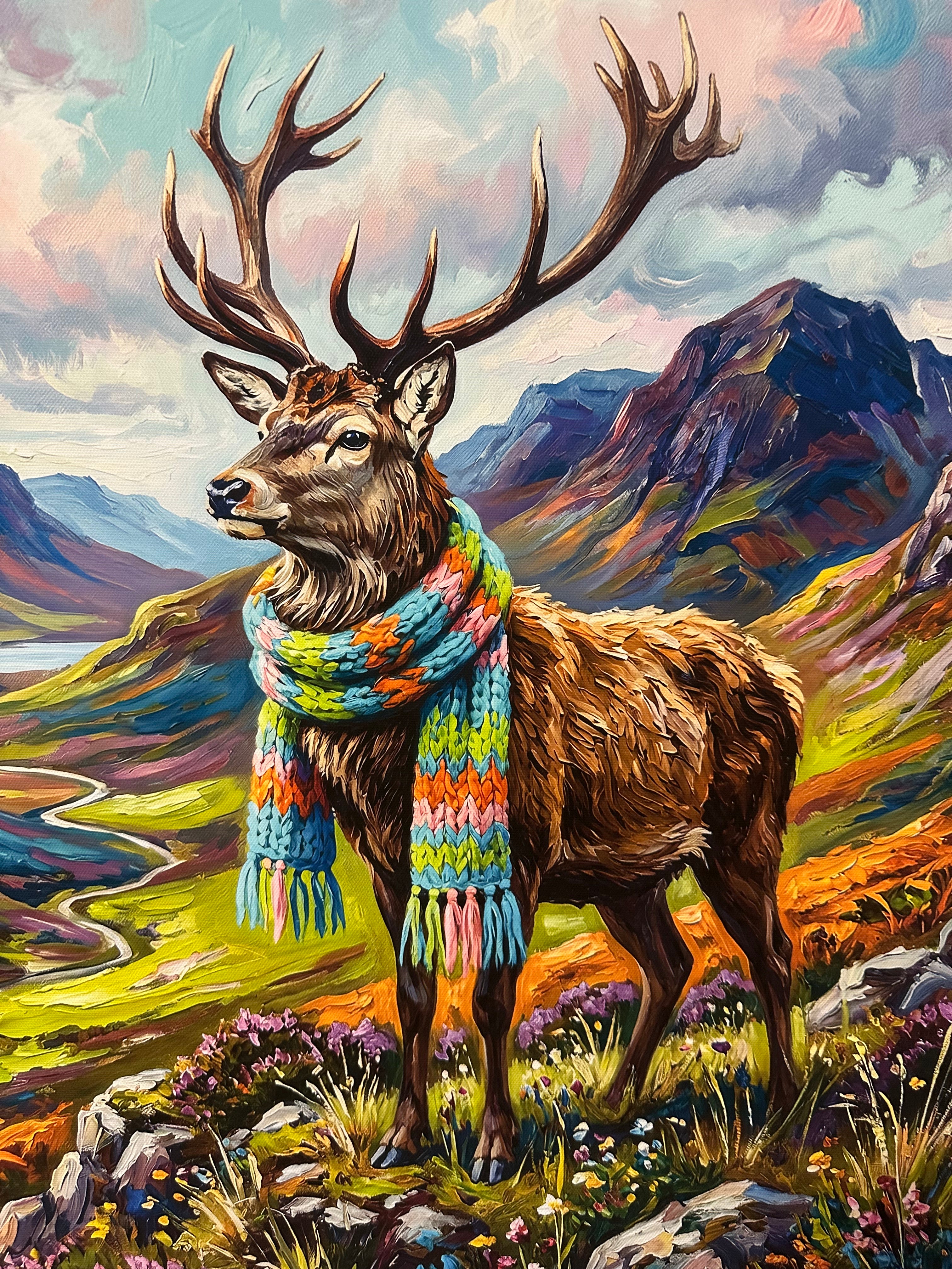 Deer wearing a colourful scarf with a mountainous background