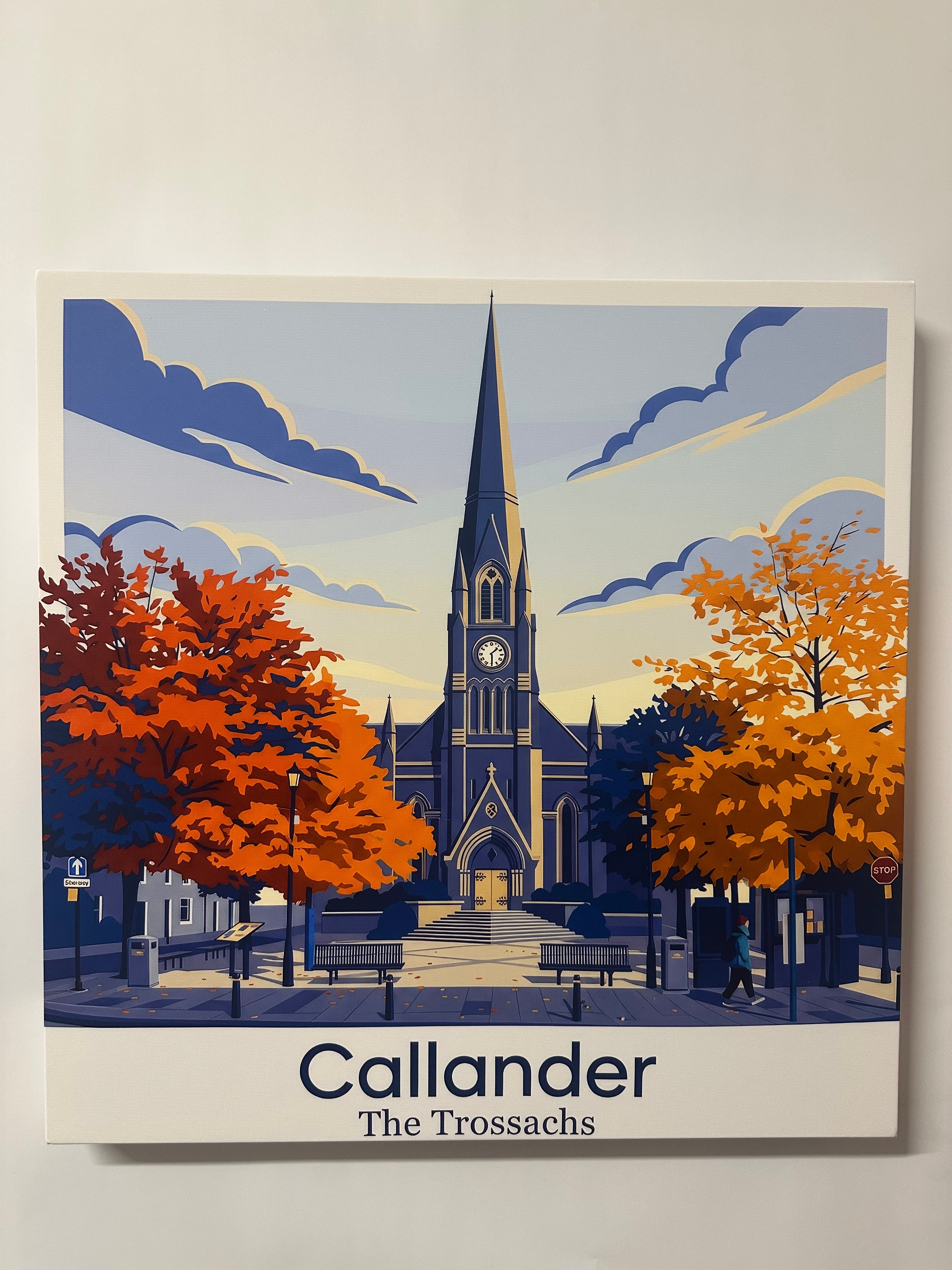 Poster of a church with autumn trees and 'Callander' text on a white background