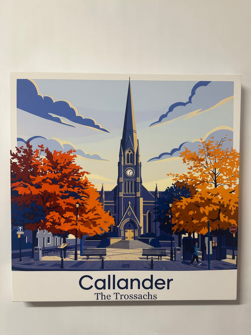 Poster of a church with autumn trees and 'Callander' text on a white background