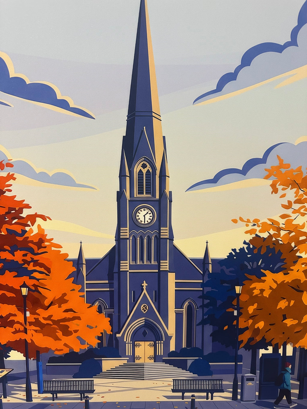 Illustration of a church with autumn trees