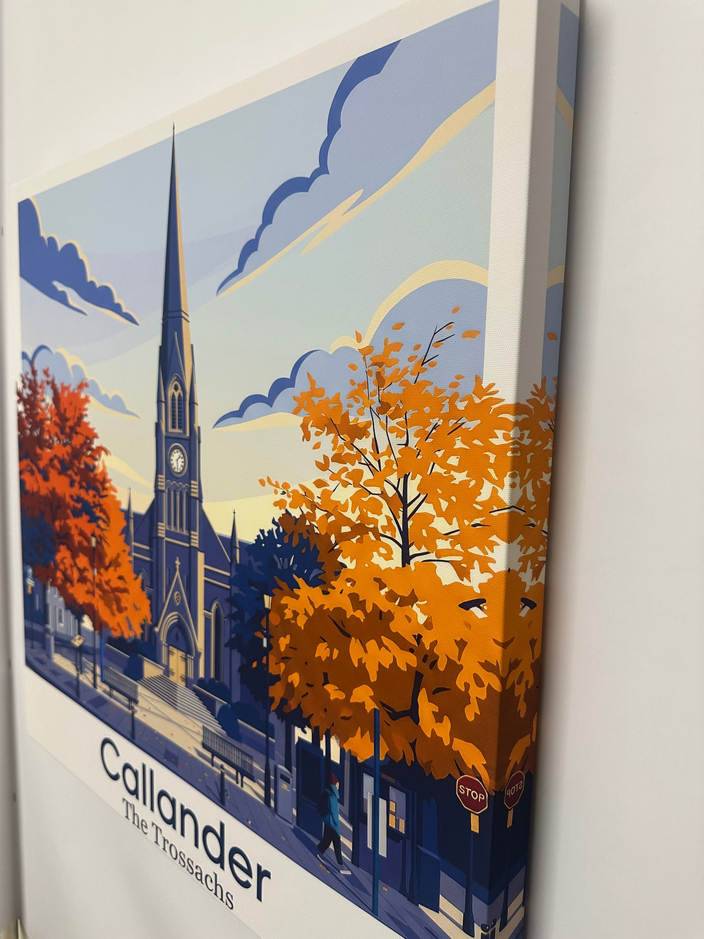 Canvas print wall art with autumn trees and architectural elements, featuring the town 'Callander'.