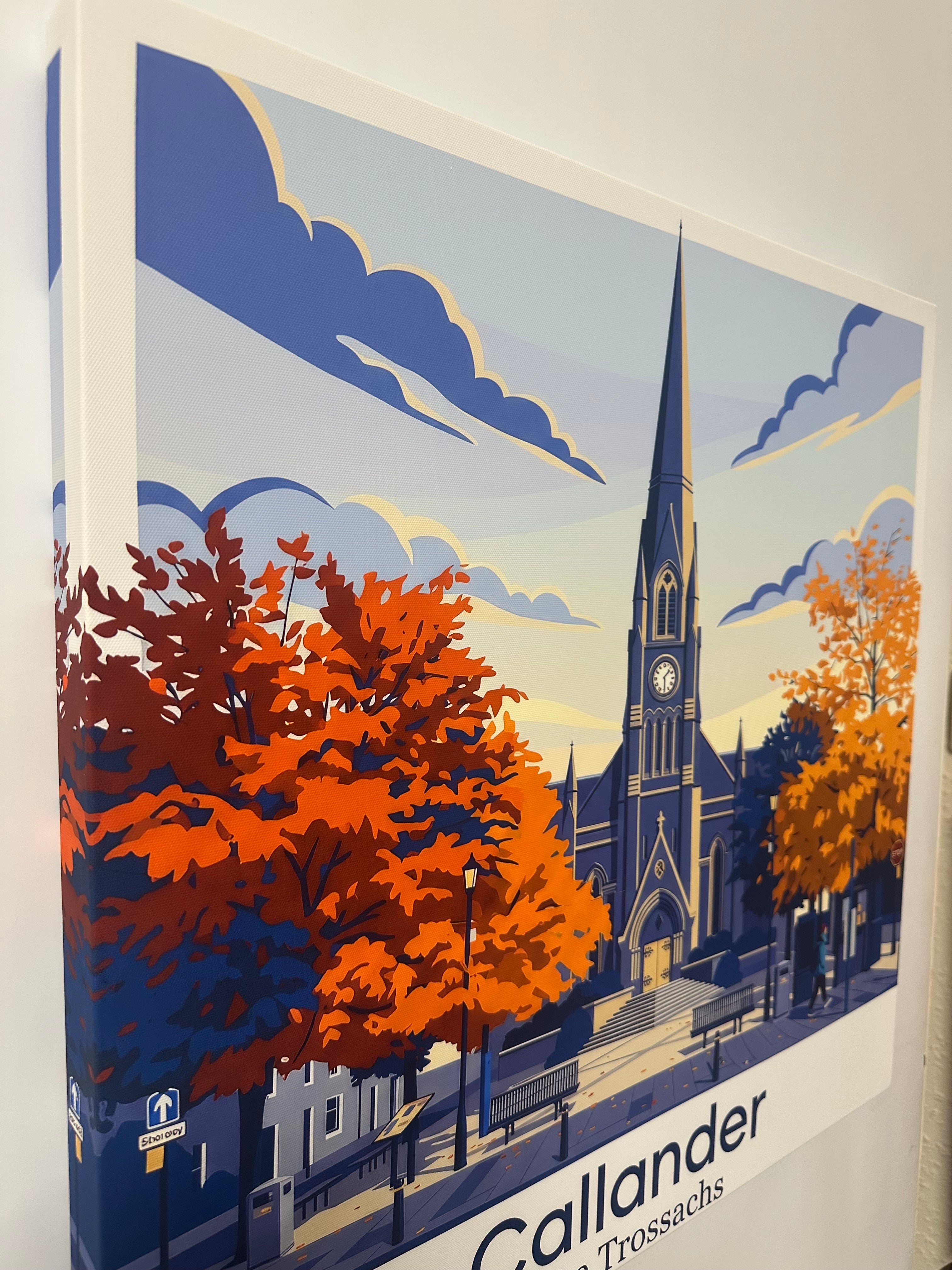 Canvas wall art with autumn trees and a building, featuring 'Callander Travel'.