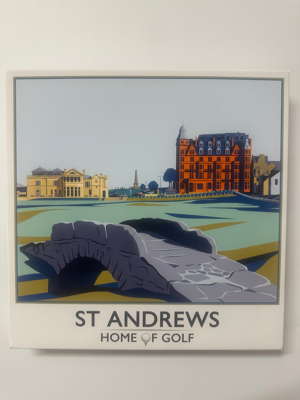 Artwork of St Andrews Home of Golf with a scenic view and buildings.