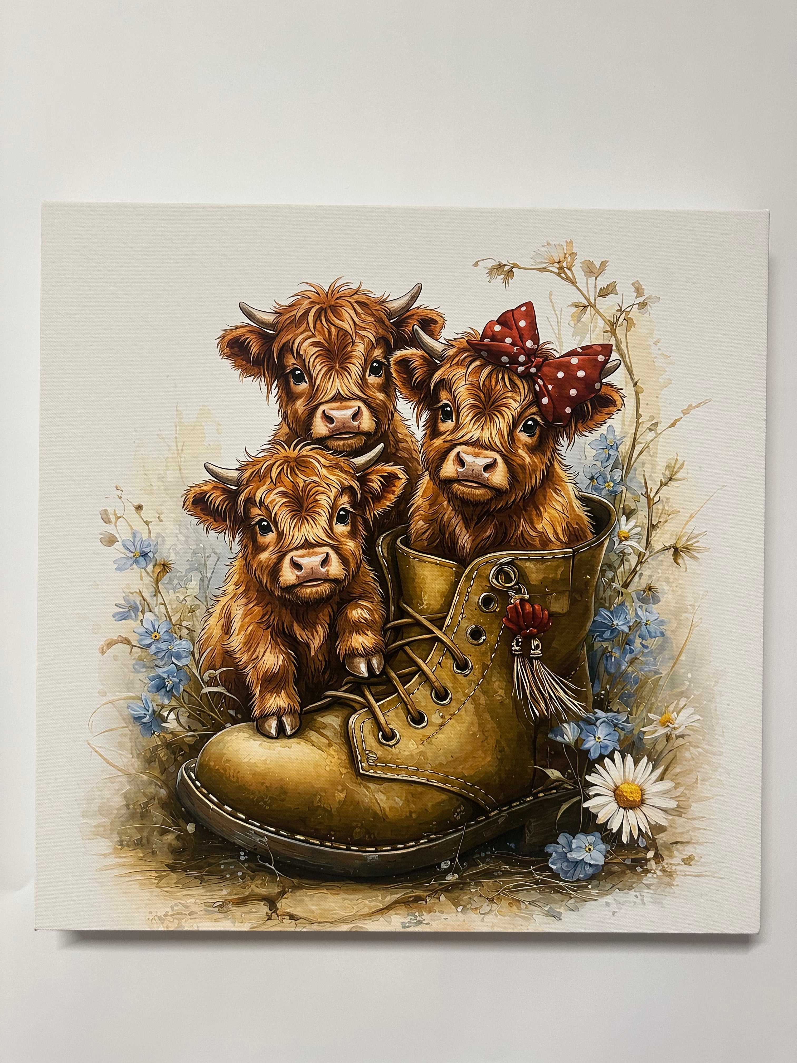 Illustration of three calves with a shoe and flowers on a light background