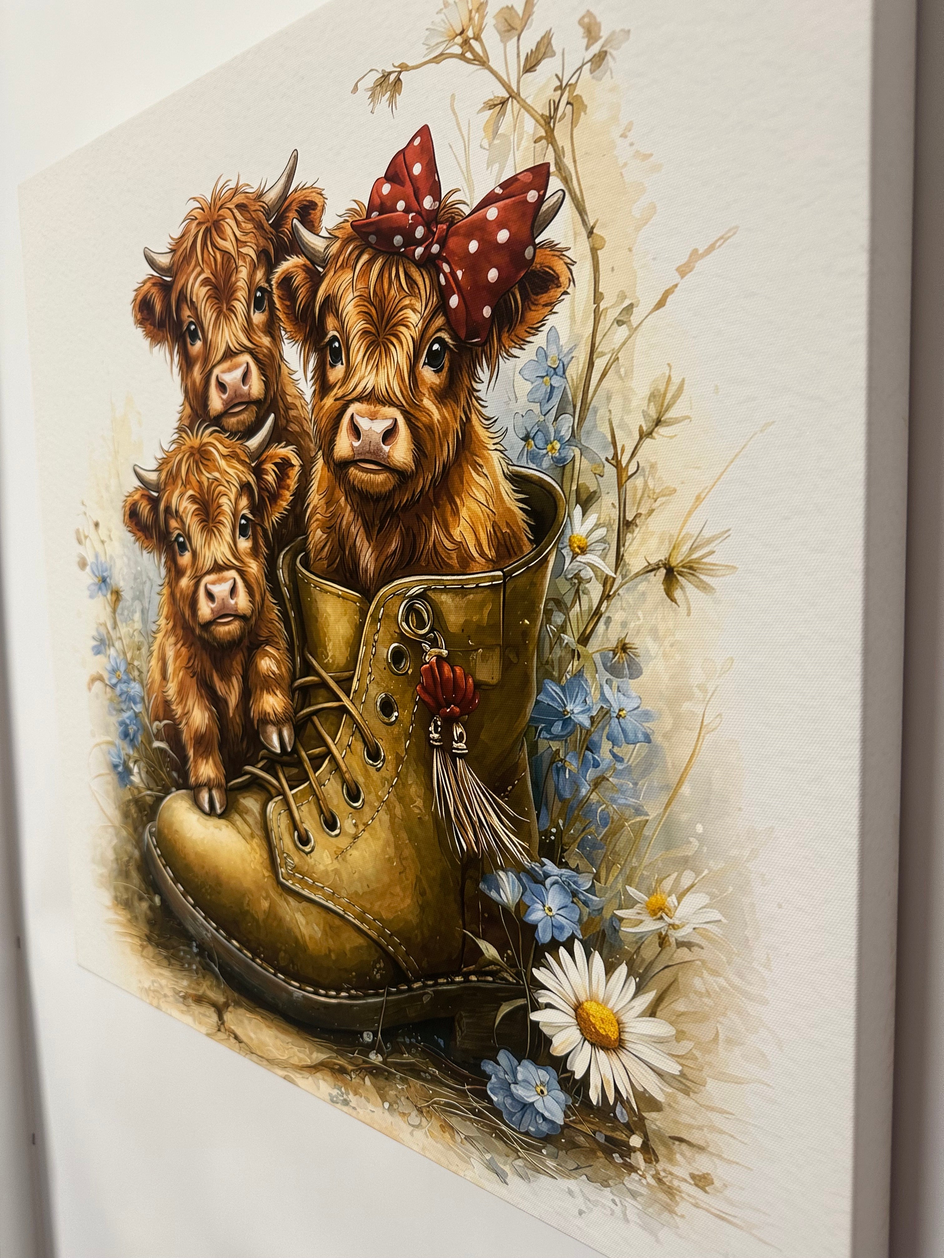 Illustration of three calves with a shoe and flowers on a white background