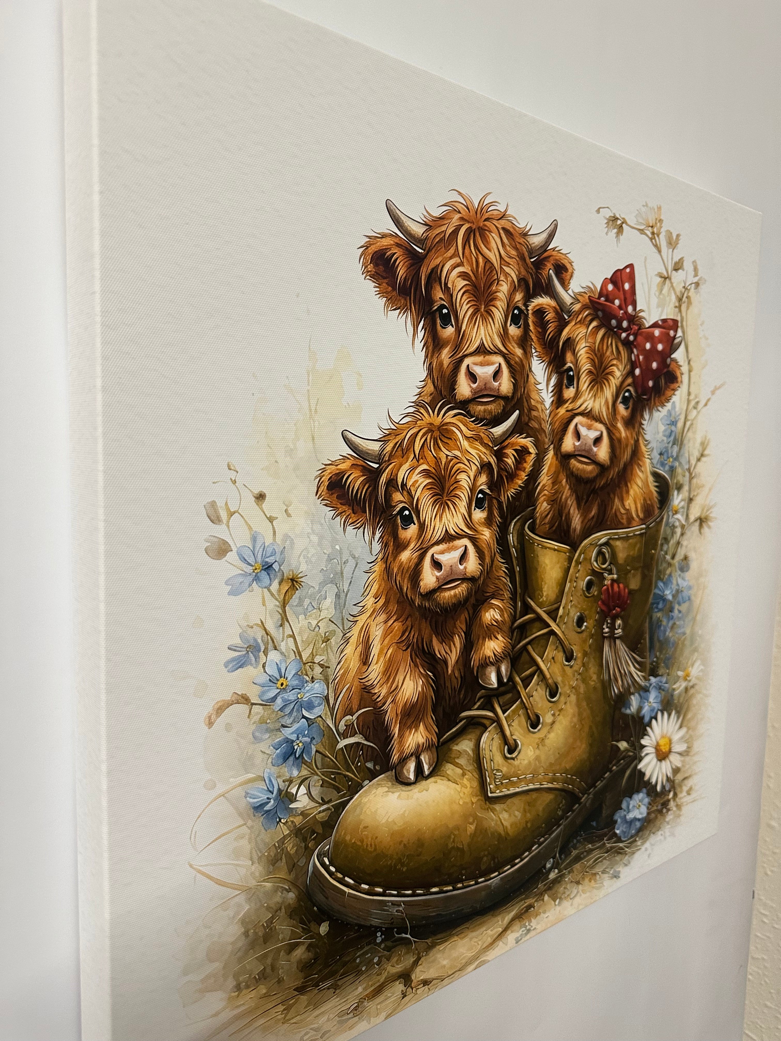 Illustration of three Highland cows with a shoe on a white background canvas wall art